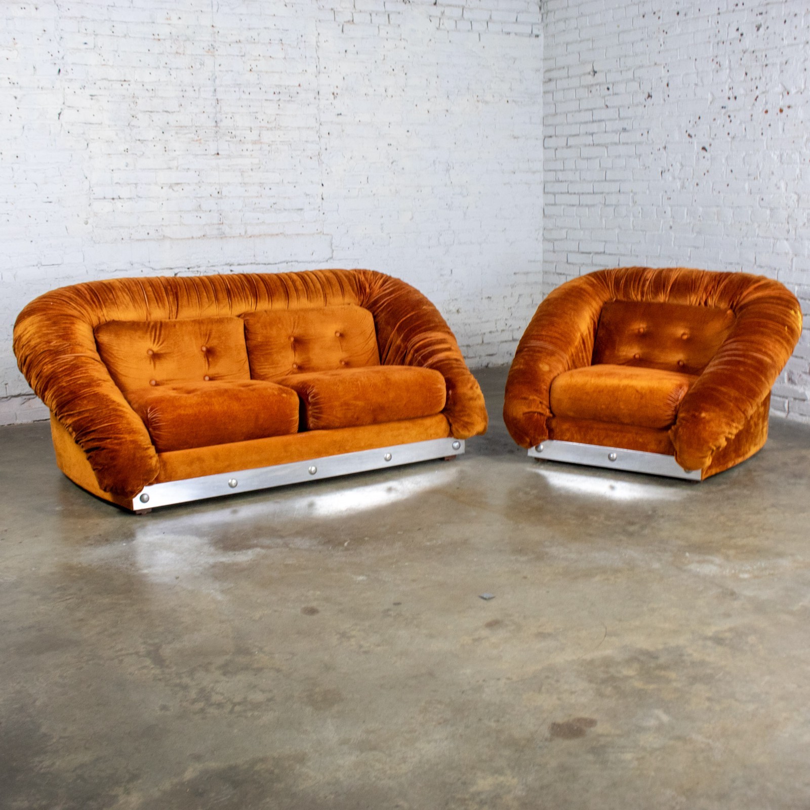 Modern to Postmodern Low-Slung Loveseat & Chair Set Burnt Orange & Aluminum