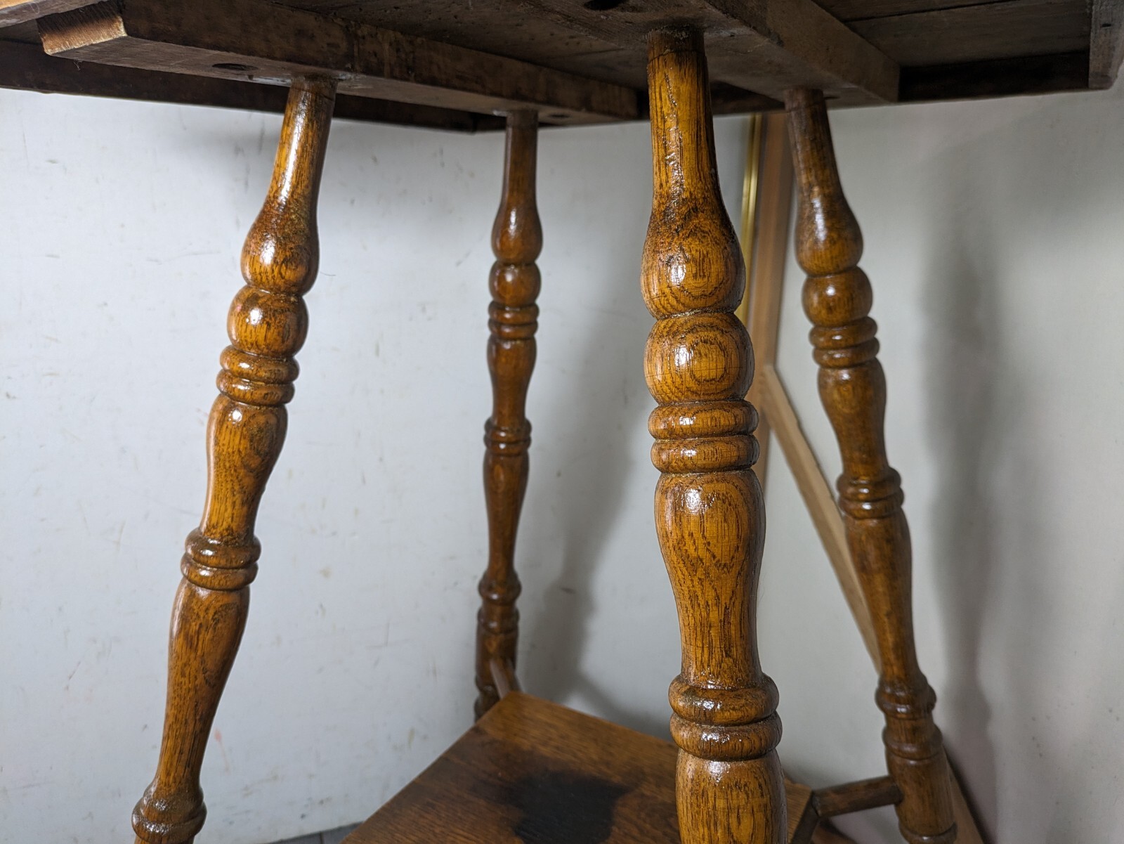 Antique Rustic Victorian Square Oak Wood Parlor Table Turned Legs C94
