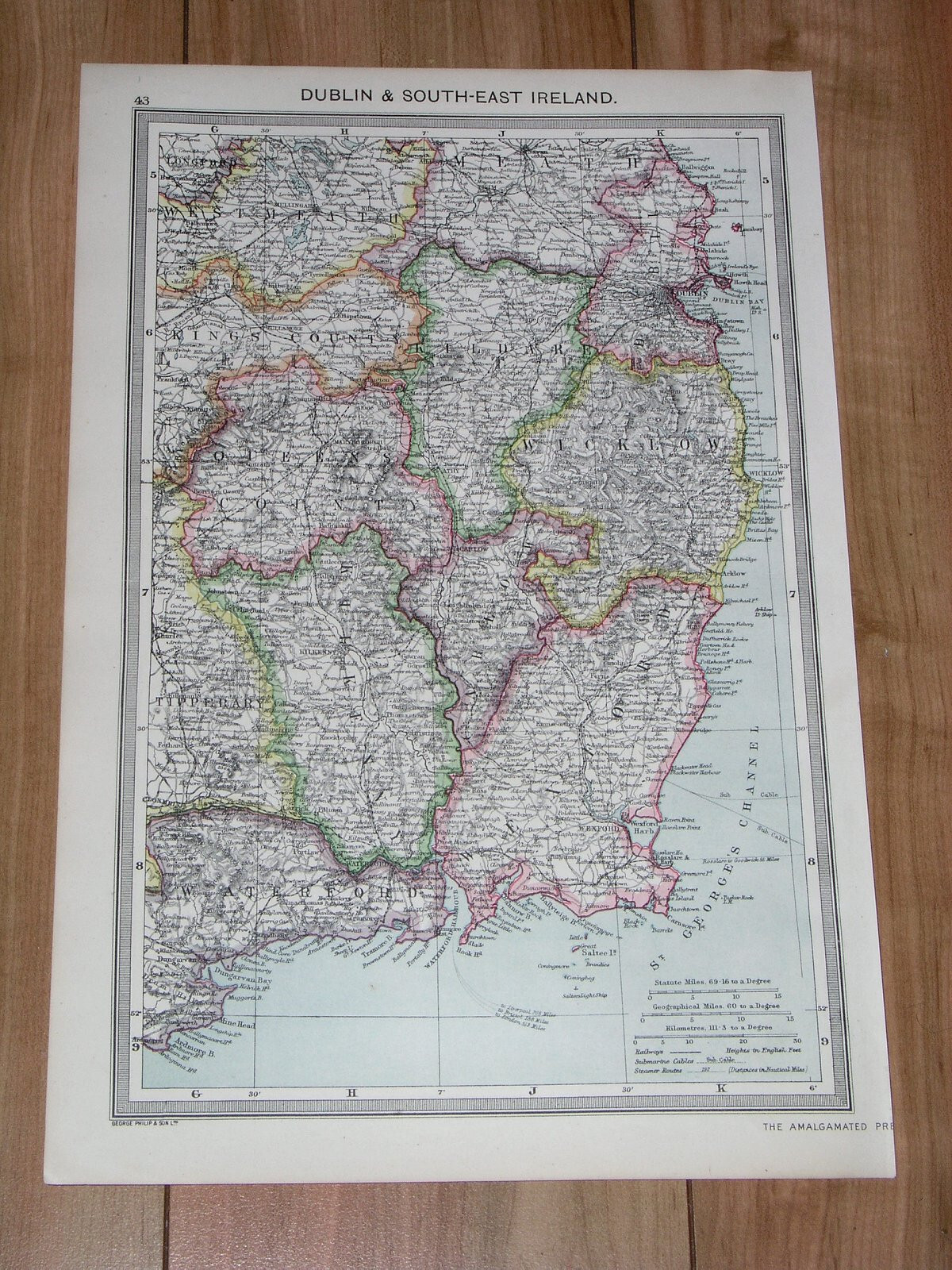 1908 ANTIQUE MAP OF DUBLIN WICKLOW WEXFORD WATERFORD KILKENNY KILDARE / IRELAND