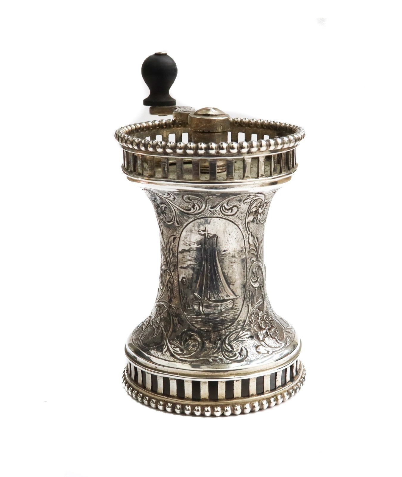 Dutch 830 Silver Pepper Mill Etched Genre Scenes Early 20th Century