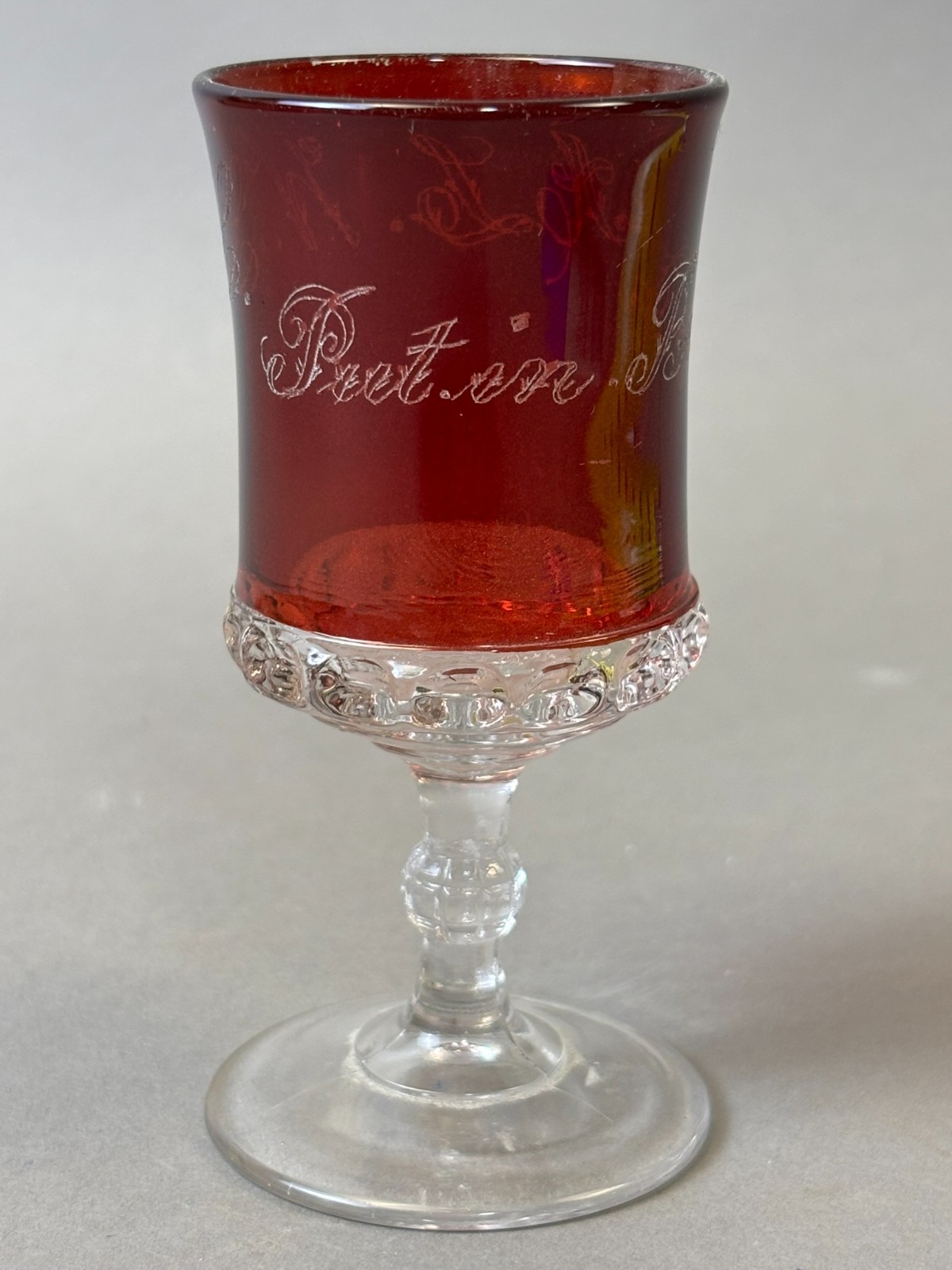 #1016 Antique PUT IN BAY OHIO Ruby Red Flash Souvenir Glass GOBLET