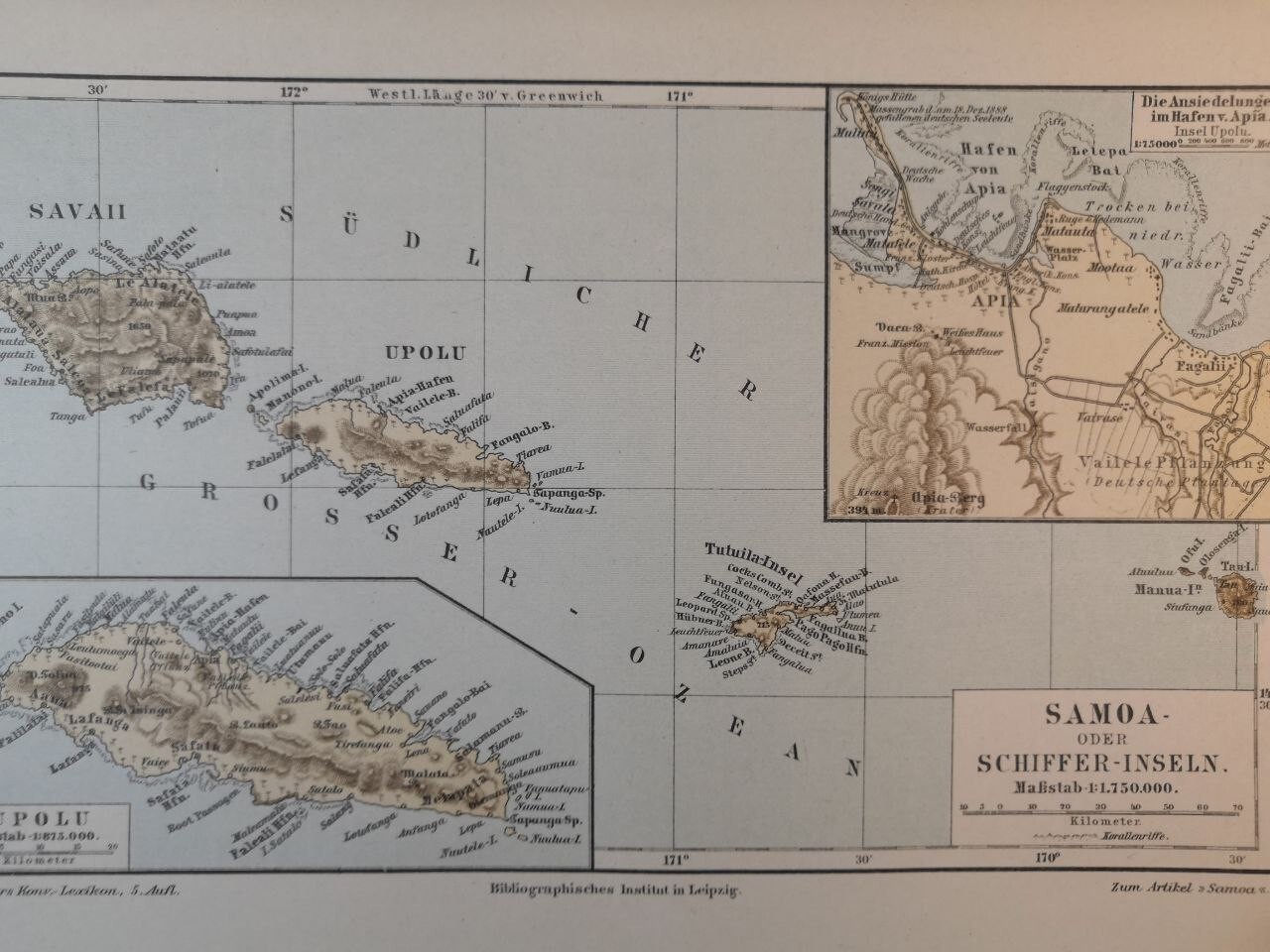 1897 ORIGINAL VINTAGE MAP Samoa Islands South Pacific Ocean Oceania C19-9