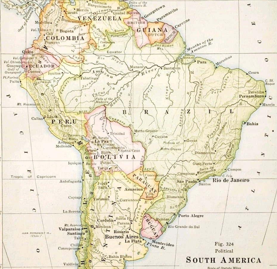 1920 Map South America Brazil Argentina Chile Political Boundaries Vintage DWQ4