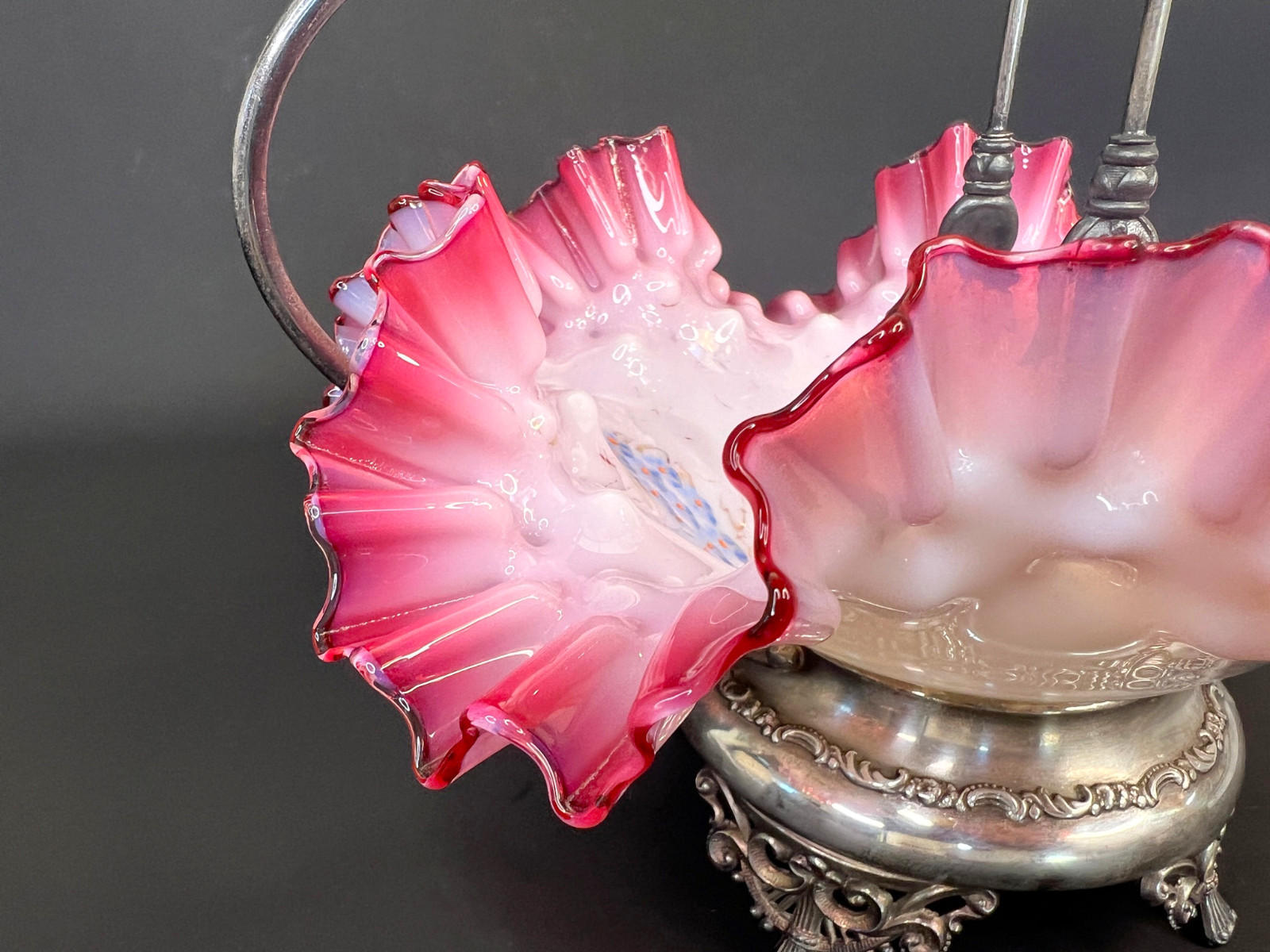Antique Adelphi Bride Basket Victorian Cranberry Pink Glass Silver Pl w Tongs
