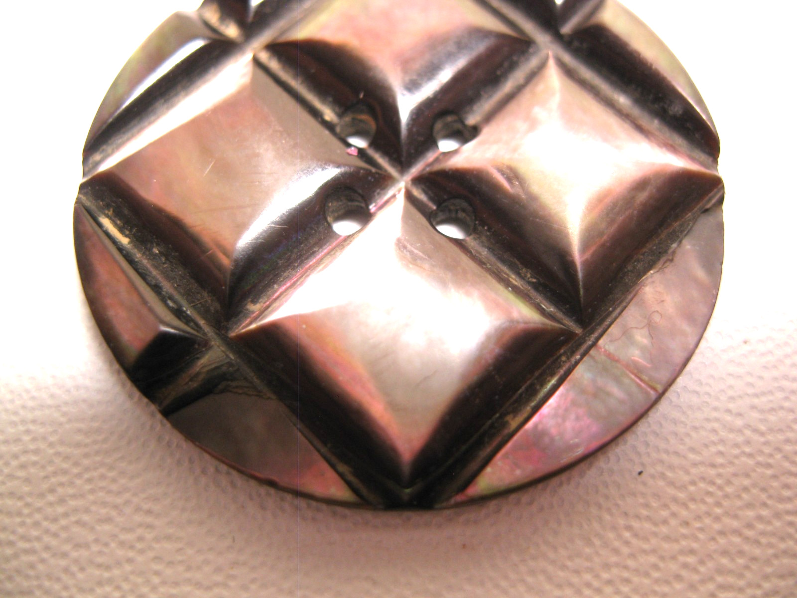 Antique Smokey Grey Shell Button Carved Quilted 4 Puffy Squares 1 3/16″