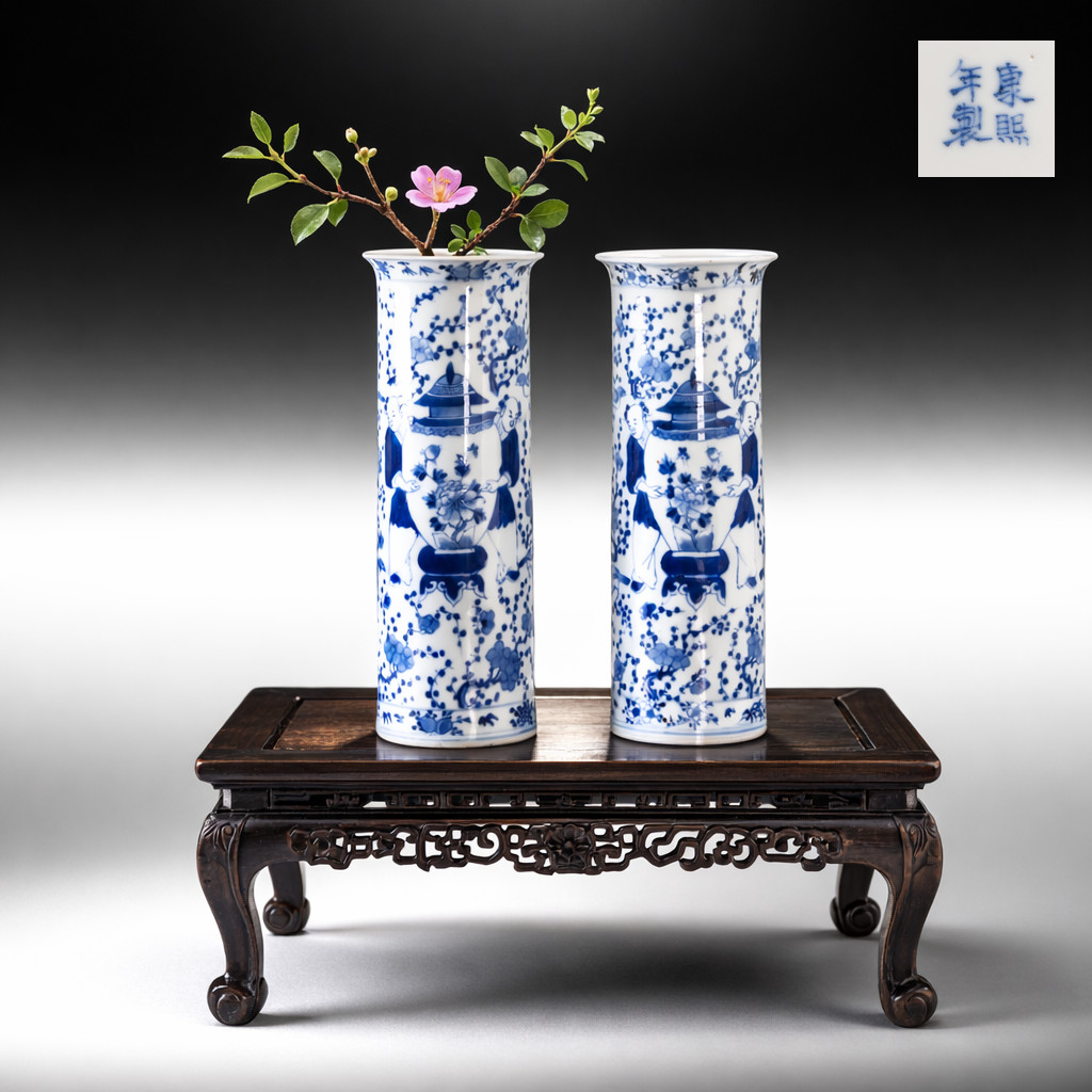 Pair of Chinese Blue & white porcelain beaker vases, boys holding a vase, 19th c