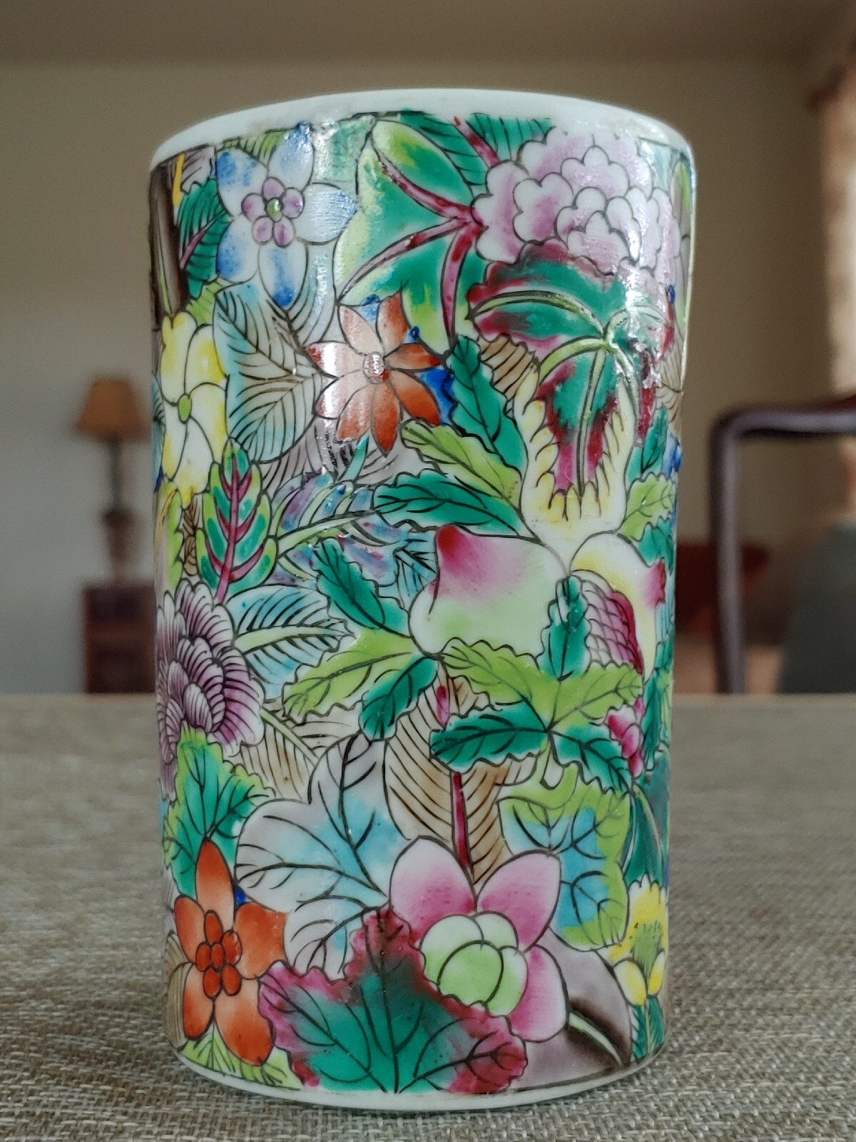 民国手绘粉彩瓷器百花不露地笔筒 Antique China Famille Rose Porcelain Painted Full Flower Art Pot