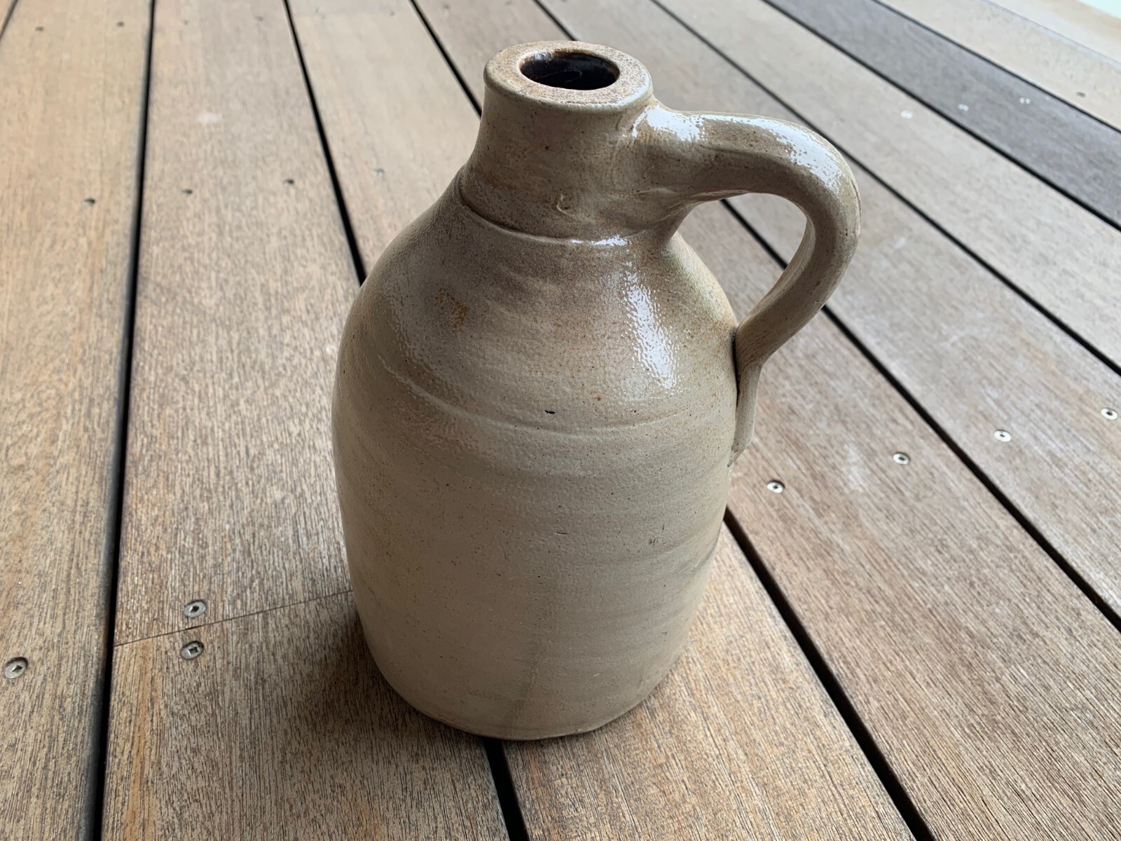 Antique Primitive Salt Glazed Stoneware Jug Farmhouse Taupe Beige Gray 9.25″