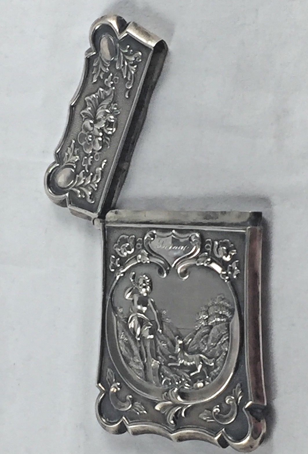 Great Gorham Coin Silver Figural Cherub & Dog Card Case- 3 3/8″ x 2 1/8″ -Mono’d