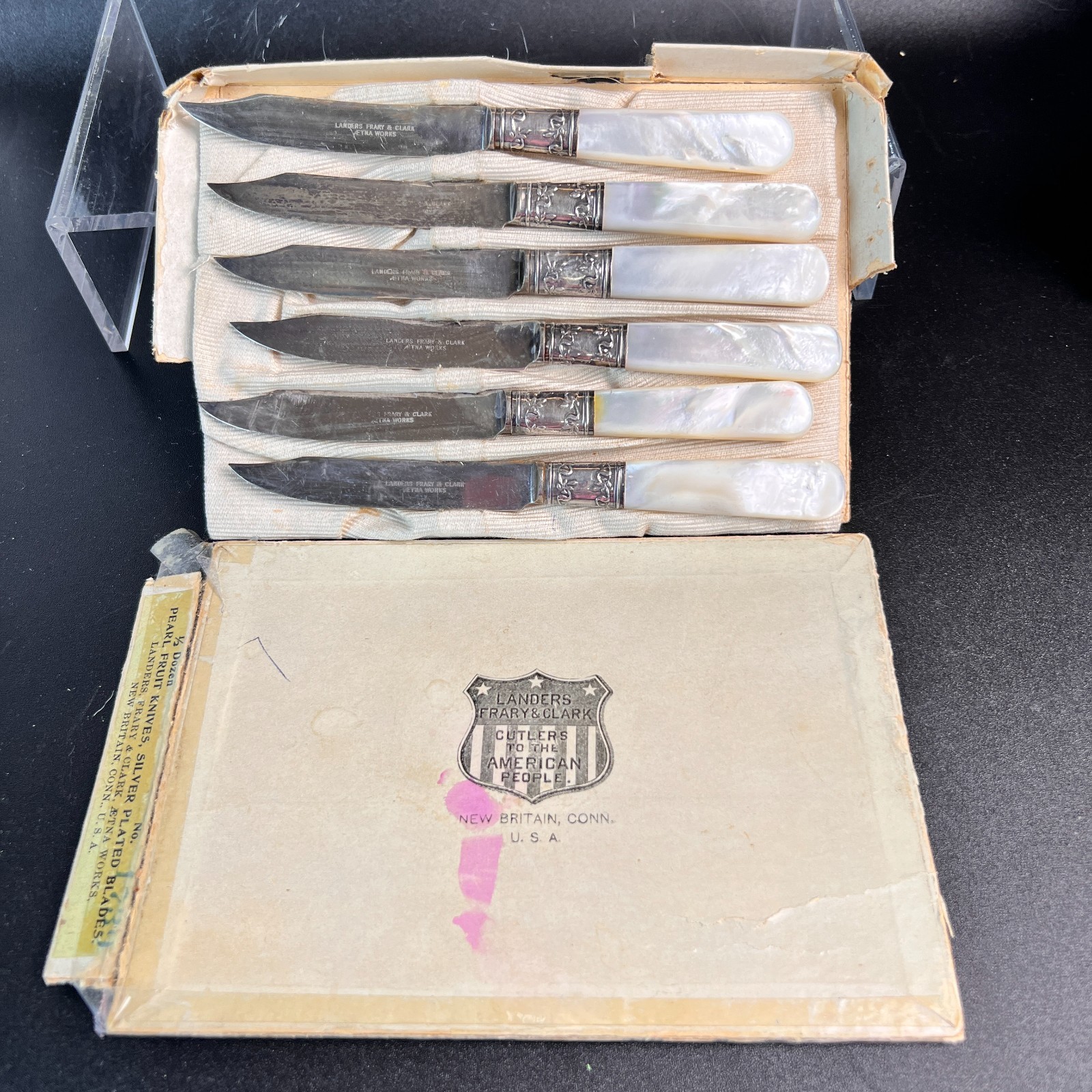Antique Landers Frary & Clark Ætna Works Pearl Fruit Knives Set 6 Orig Box 1905