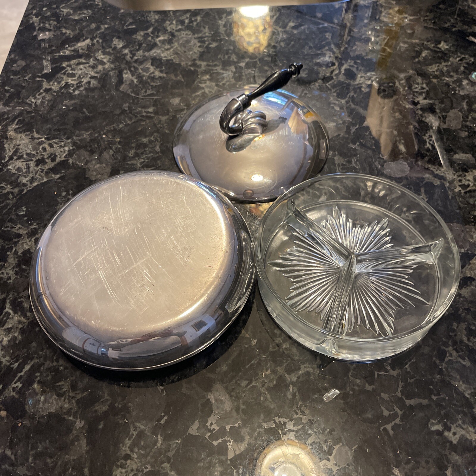 RARE Cresent Silver Plated Dish with Divided Glass Insert Wood Handle on Lid