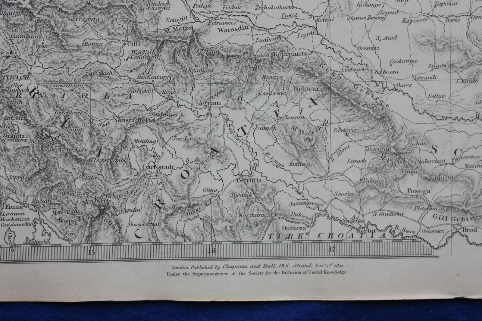 BOHEMIA, MORAVIA, HUNGARY, CENTRAL EUROPE, original antique map, SDUK, 1844