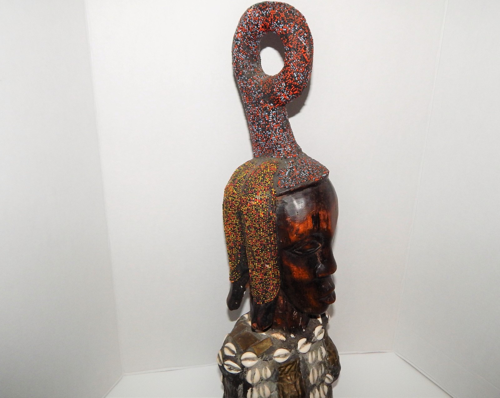Exquisite Large African Carved Wood Brass Metal Multi Bead Cowrie Shell Figure
