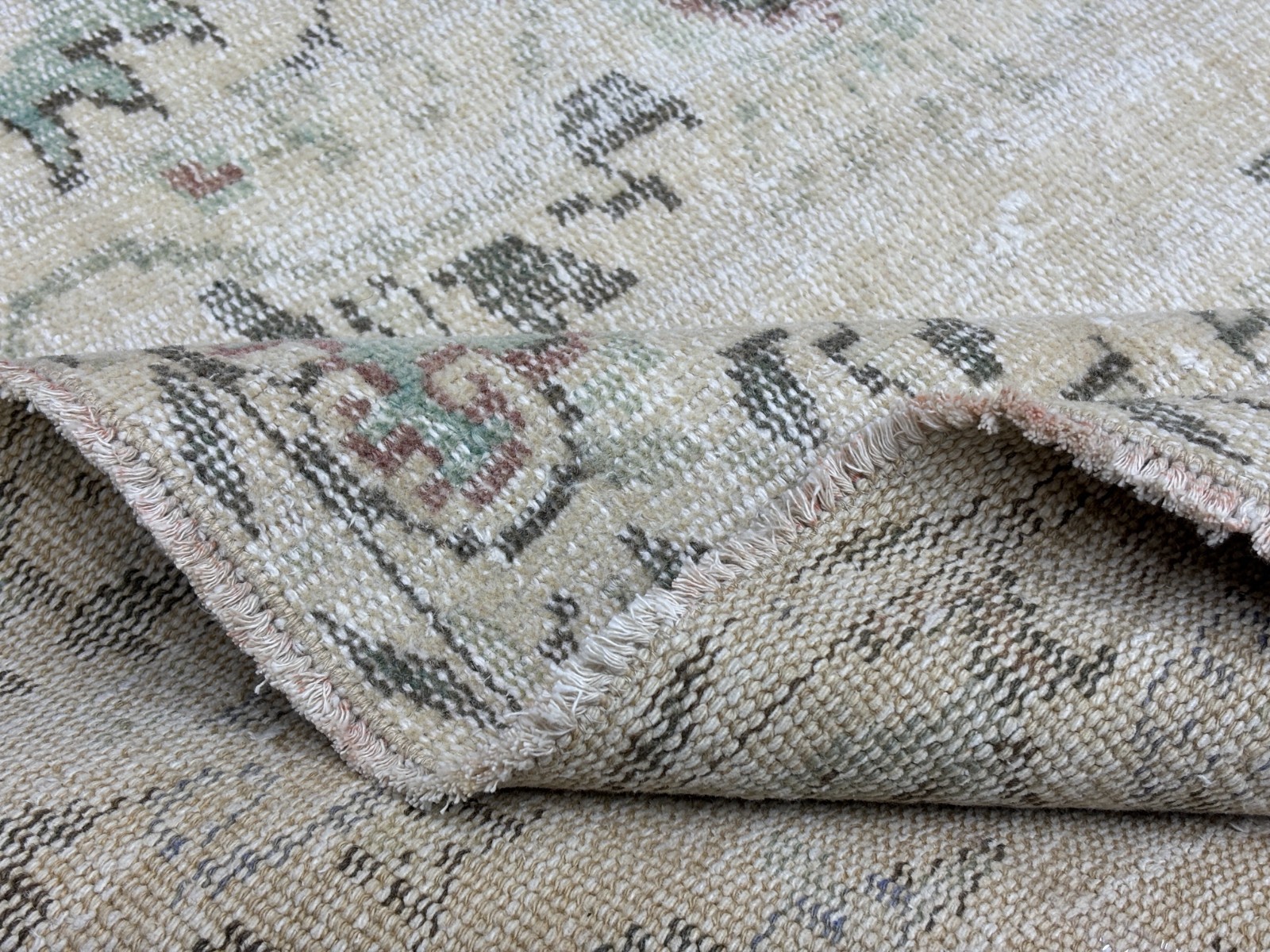 4×8 Beige Green Neutral Vintage Turkish Area Rug, Hand-Knotted Wool Bedroom Rug