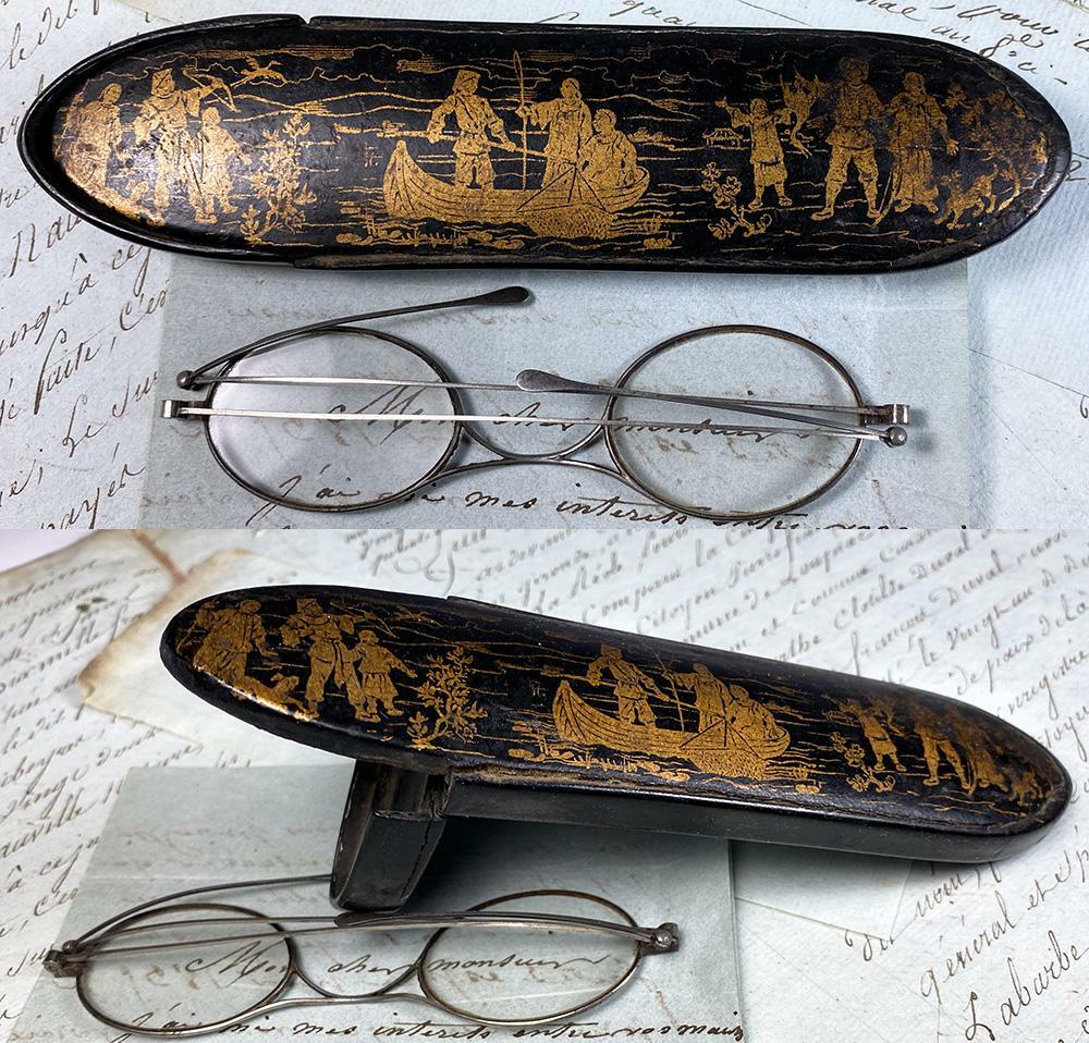 Antique c.1780-1830 Sterling Silver Folding Spectacles, Gold Figural Etui, Case