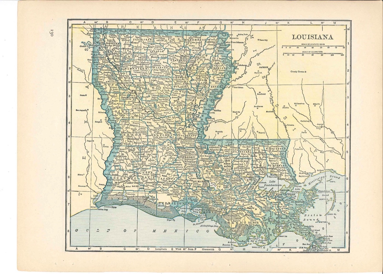 Louisiana Map 1942 Vintage ready to frame for art 10 x 13 inch