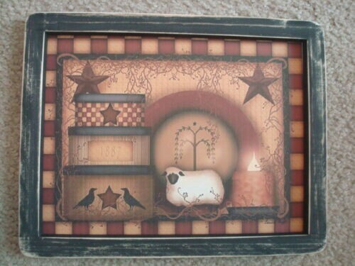 Primitive Country Print *3-Stacked Boxes with Sheep* black frame 12″ x 9 1/2″