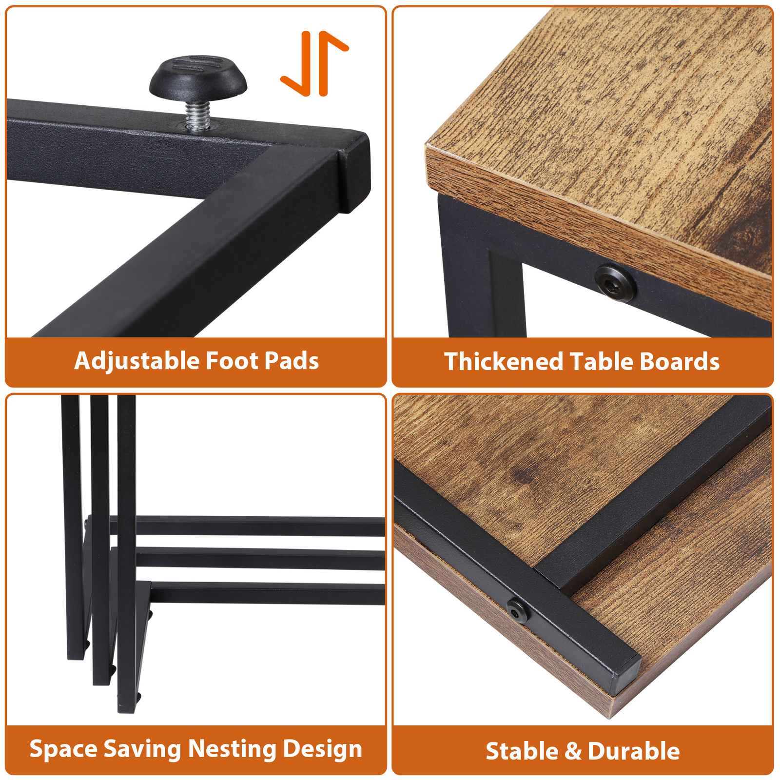 Stackable End Table Brown C-shaped Coffee Nesting Table Set of 3 w/Metal Frame