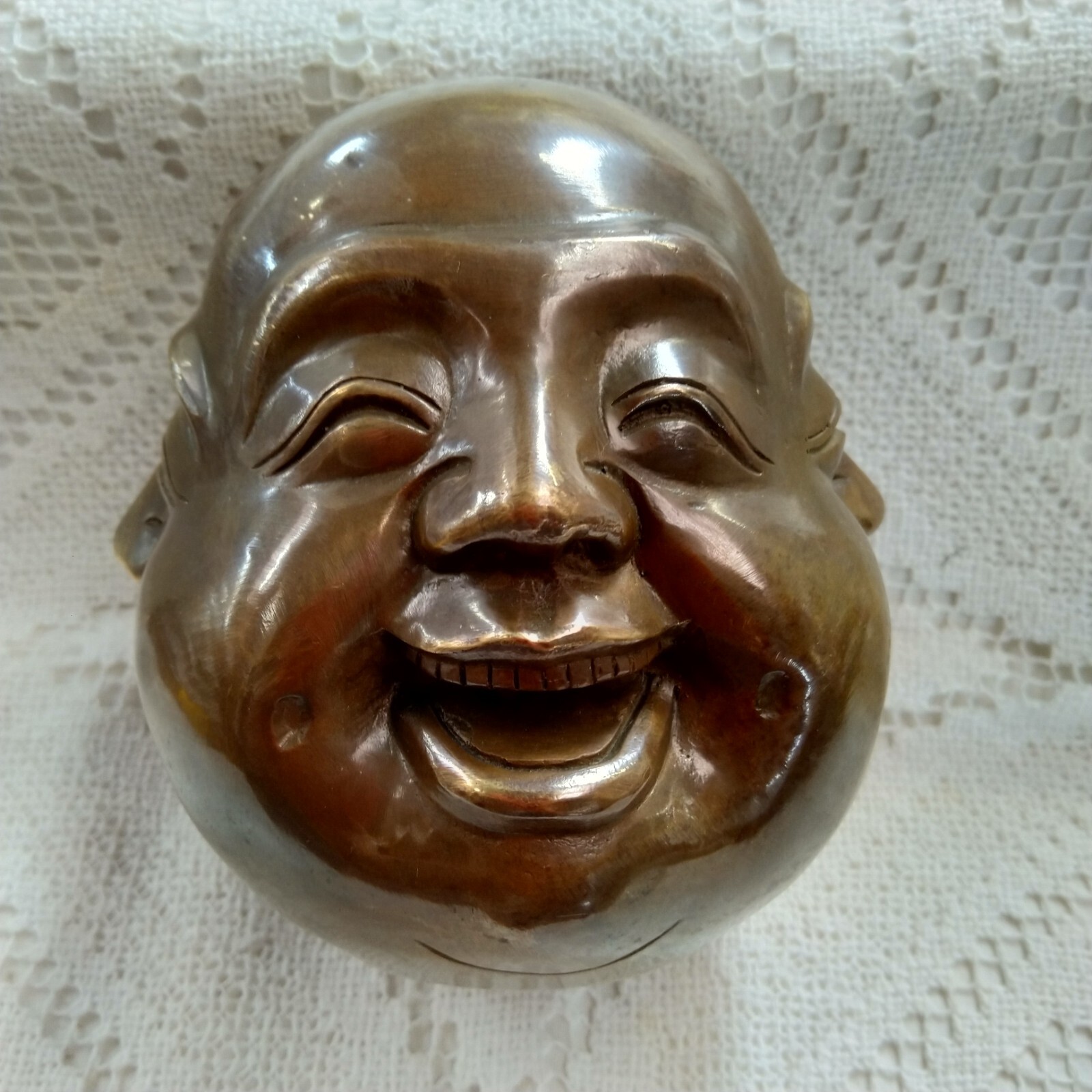 ORIENTAL BRONZE CAST 4 FACED BUDDAH HEAD 11.cm x 11cm LARGE HEAVY SMILE CRY SAD