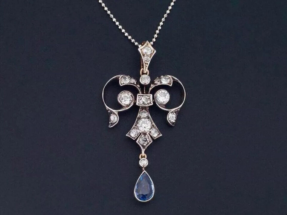 Art Deco Style Women’s Pendant Lab Created Diamond &Sapphire 14k White Gold Over