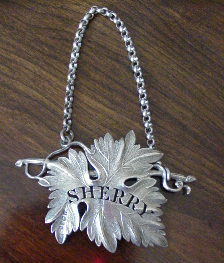 GRAPE LEAF 1828 STERLING DECANTER WINE LABEL “SHERRY” EDWARD EDWARDS II LONDON
