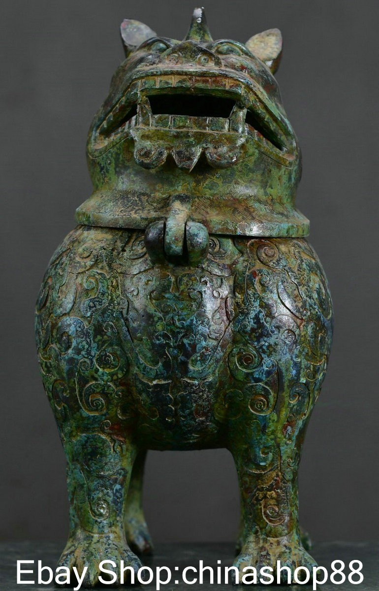 11.2″ Old Chinese Bronze Ware Dynasty Palace Foo Dog Lion Beast incense burner