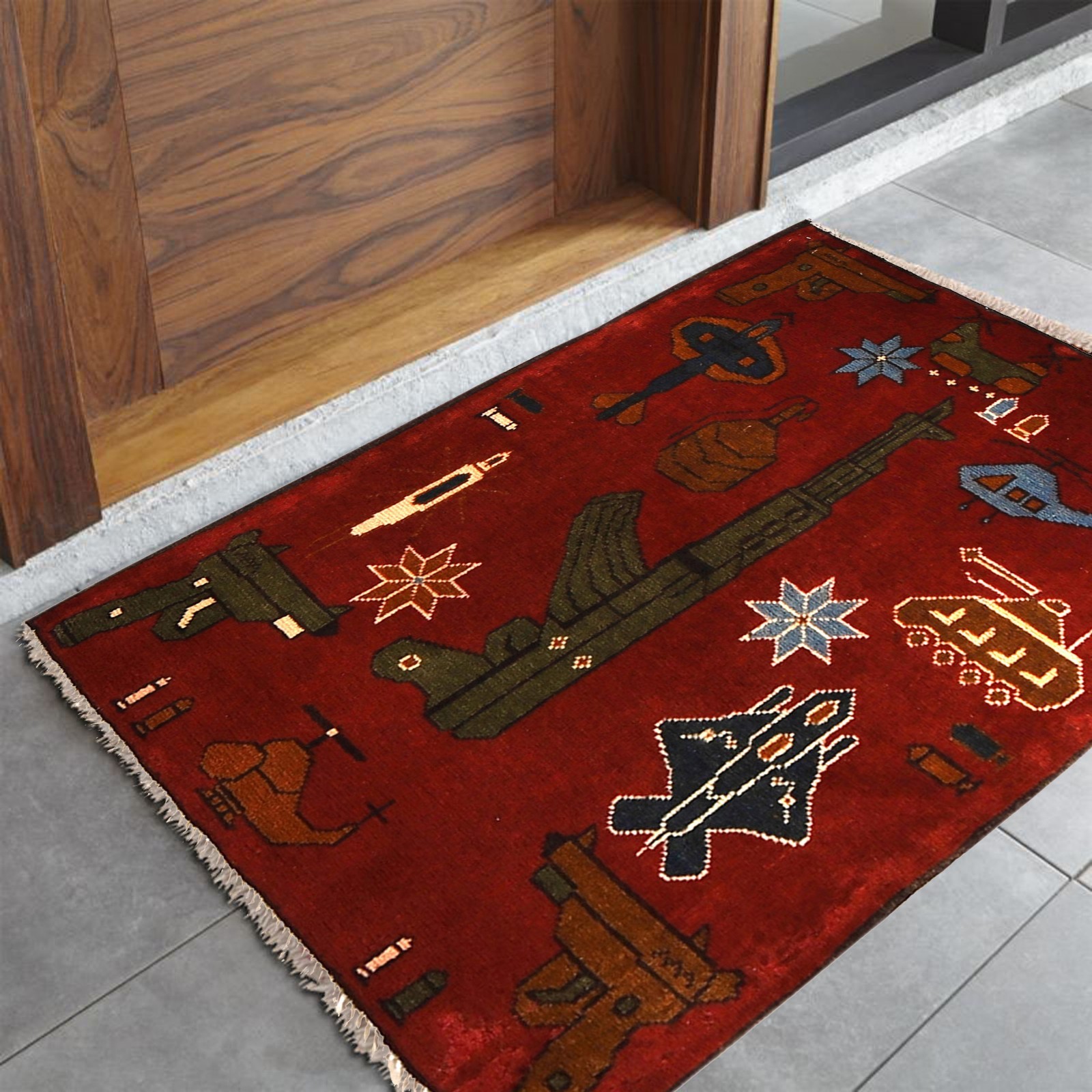 Handmade Afghan AK-47 War Rug Cultural Heritage Carpet 2.9×2.1 ft