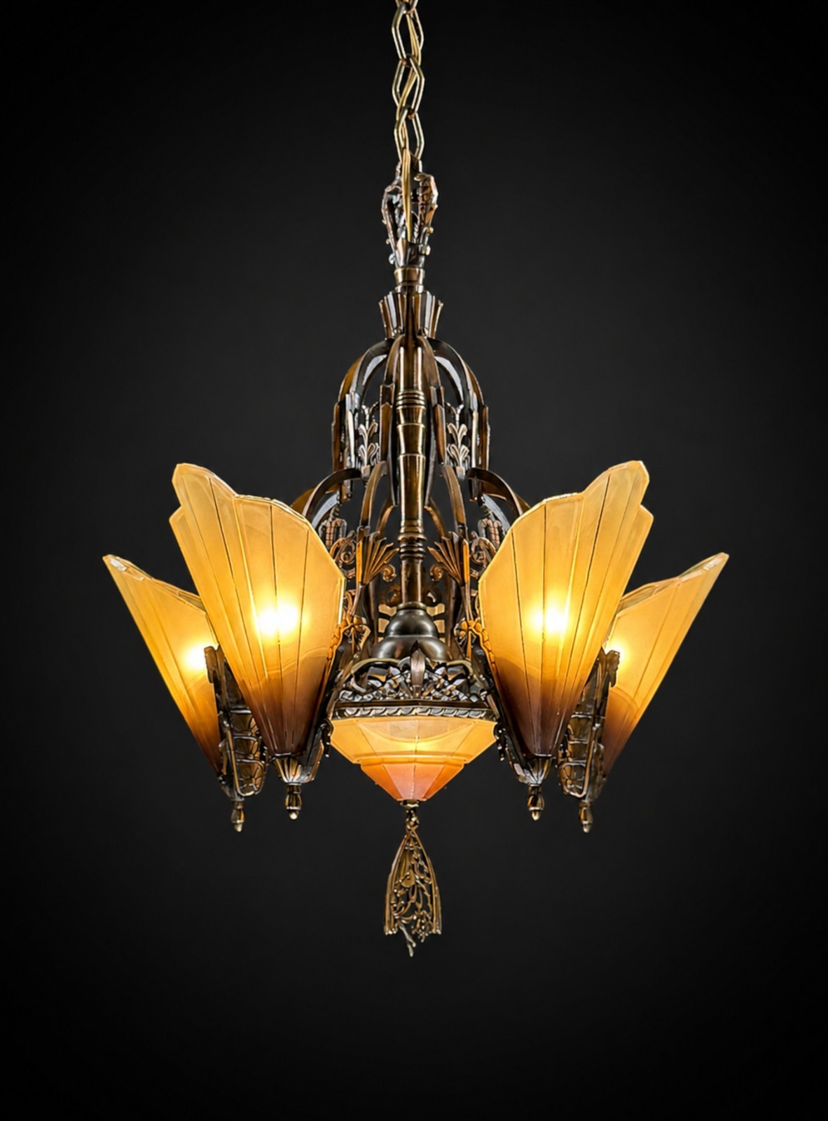 Original Art Deco Slip Shade Chandelier, 6-Light Soleure Series Rewired