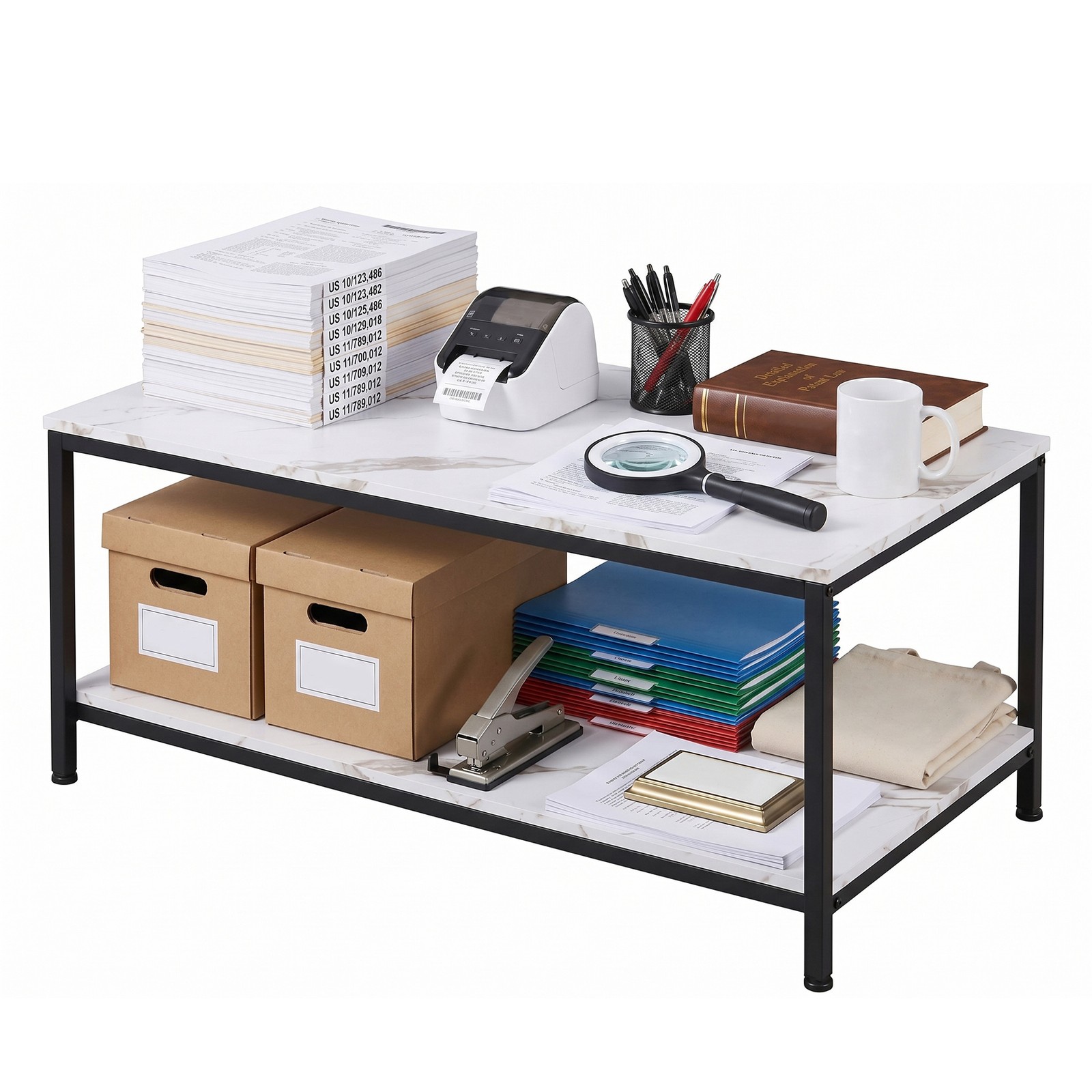 White Coffee Table 2-Tier Rectangle Industrial Wood Coffee Table w/Storage Shelf