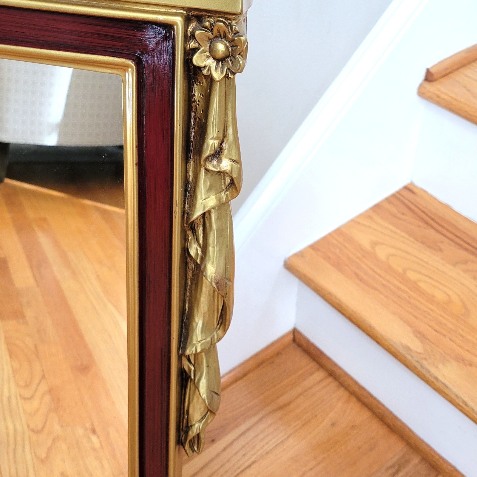 Vintage Federal/Chippendale Style Red & Gold Mirror Rosettes & Carved Fretwork!
