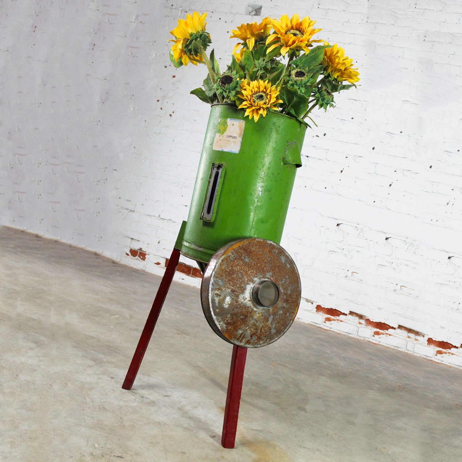 Early-Mid-20th C Antique Rustic Gravity Cream Separator Green Metal Can Red Legs