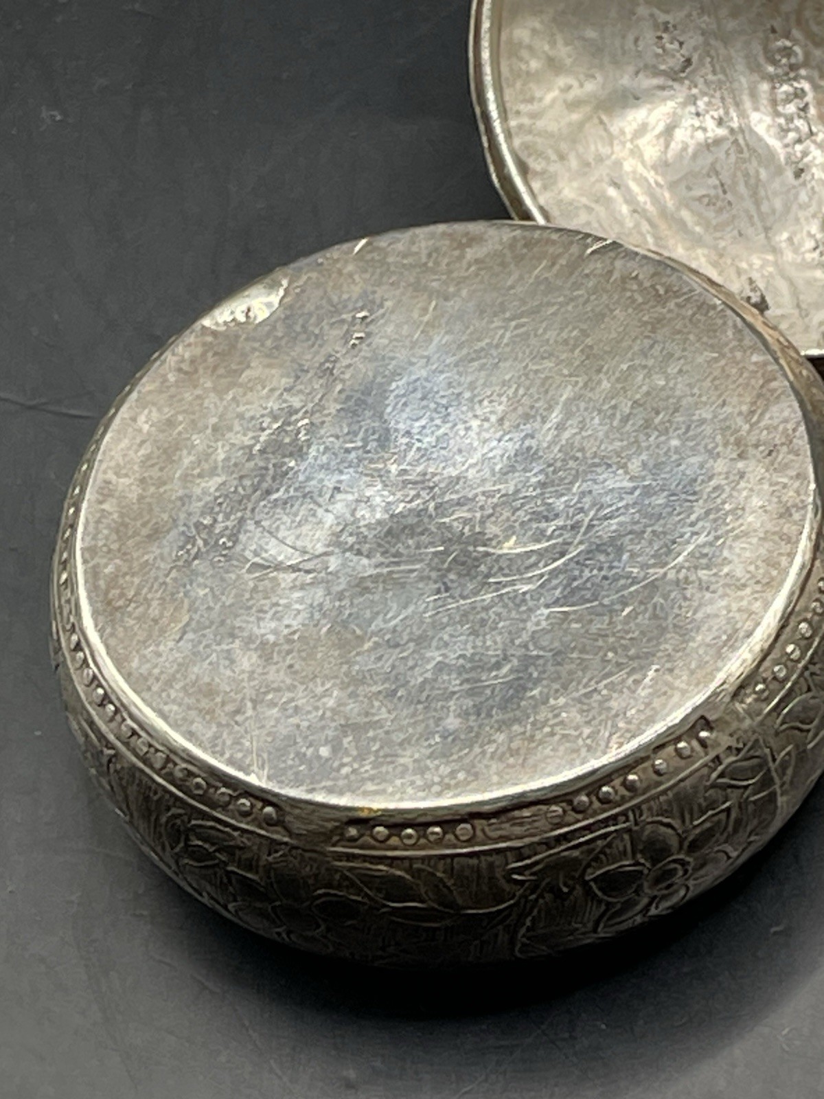 Antique Repousse Sterling Silver Snuff Pill Box spice box unknown design