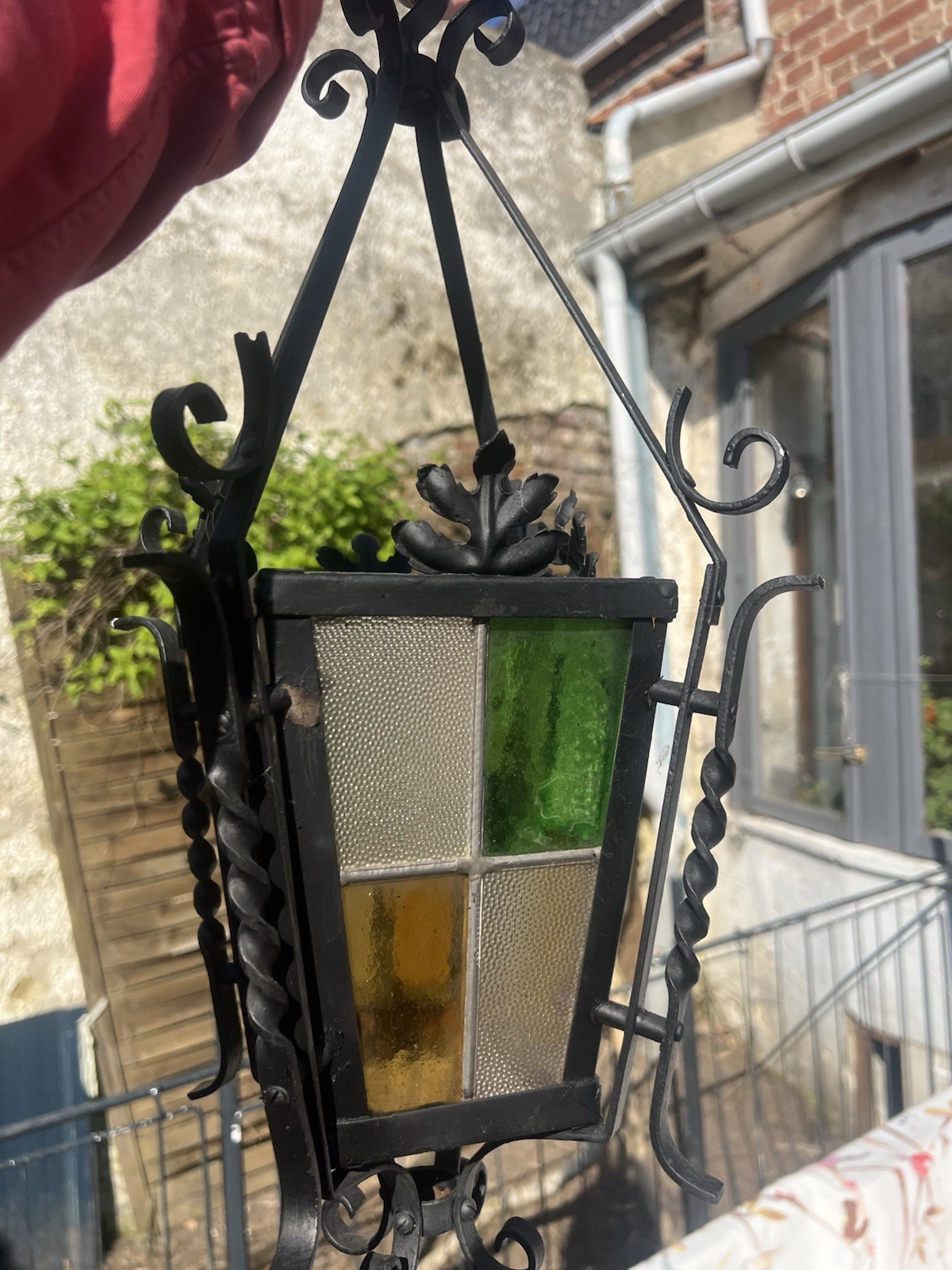 French Lantern Antique Pendant Light Fixture Porch Stained Glass Wrought Iron