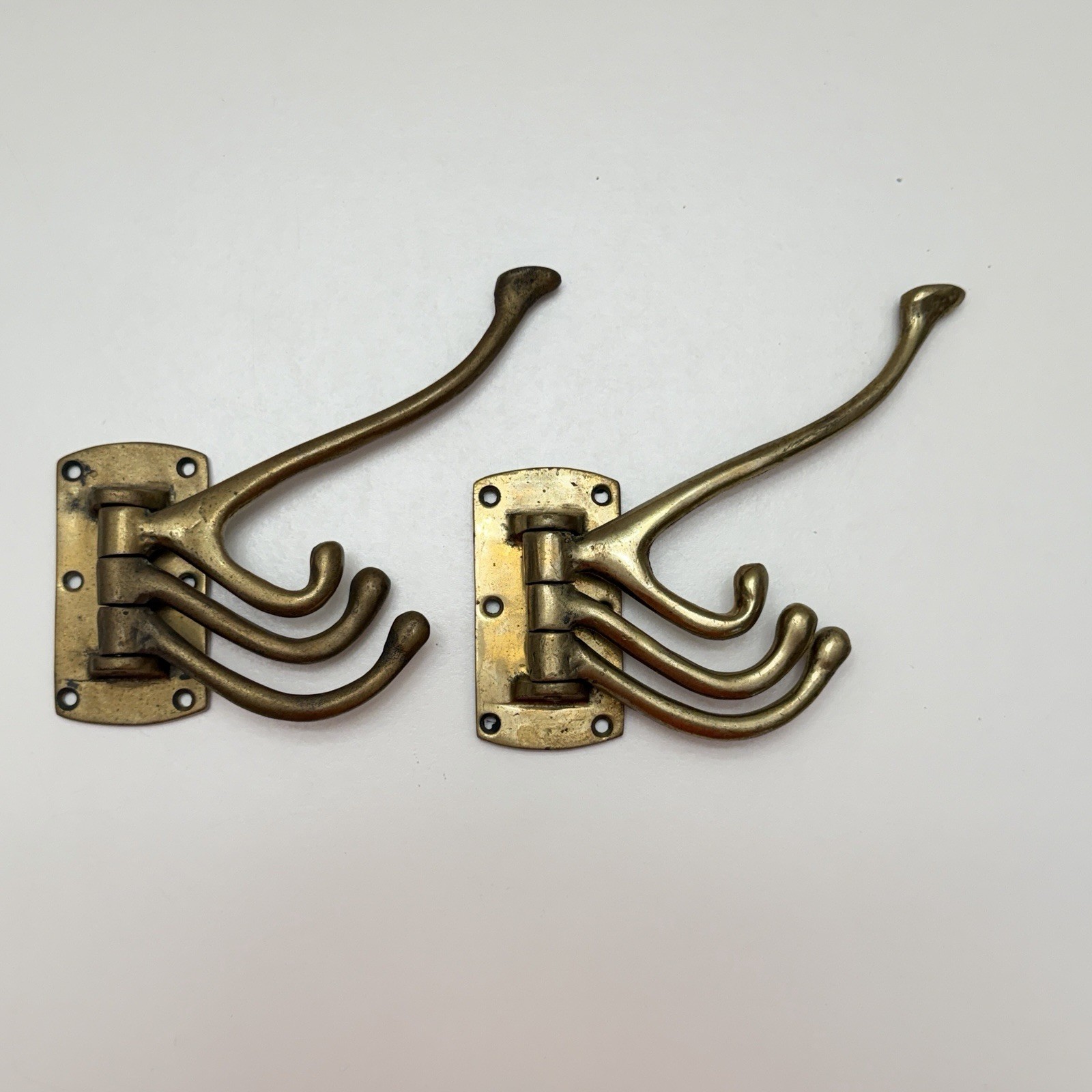 Vintage PAIR Antique Brass Triple Swivel Nautical 4 Prong Coat Towel Hat Hook