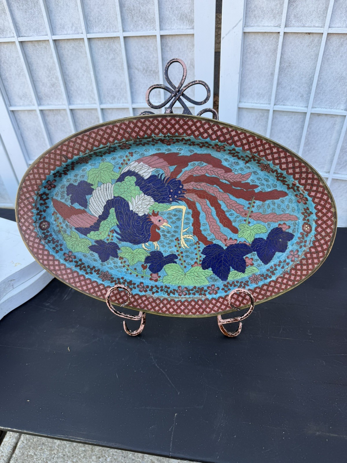 Antique Early Meiji Japanese Cloisonne Phoenix Bird Tray Plate Dish 19th Century