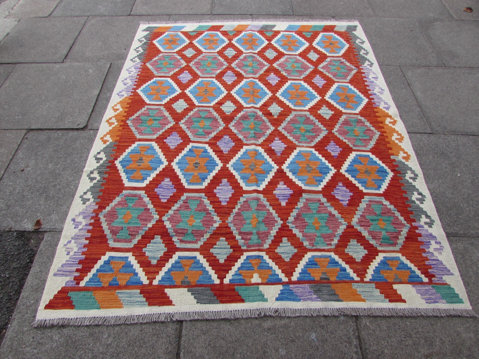 Kilim Vintage Traditional Hand Made Oriental Red Green Wool Kilim 202x159cm