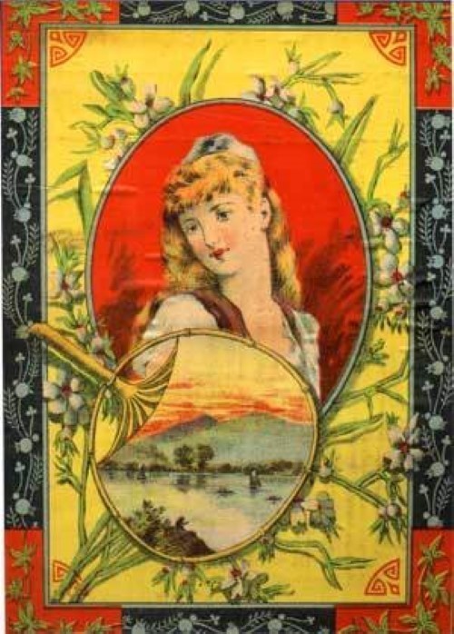 Woman with fan – print decal sticker trunk liner paper chest steamer vintage old