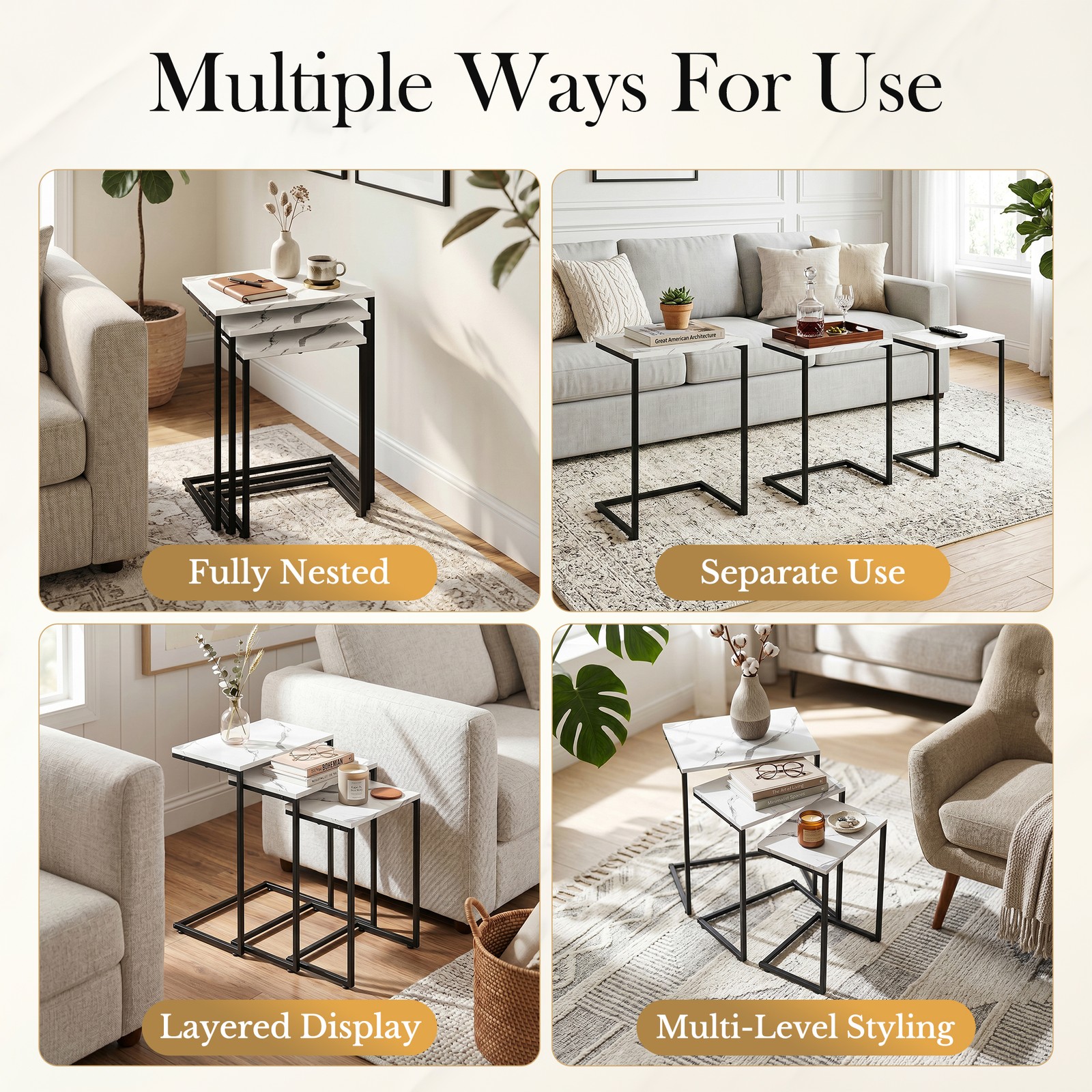 C-Shaped End Table Sofa Side Table Tray Sturdy Wooden Table White Set of 3