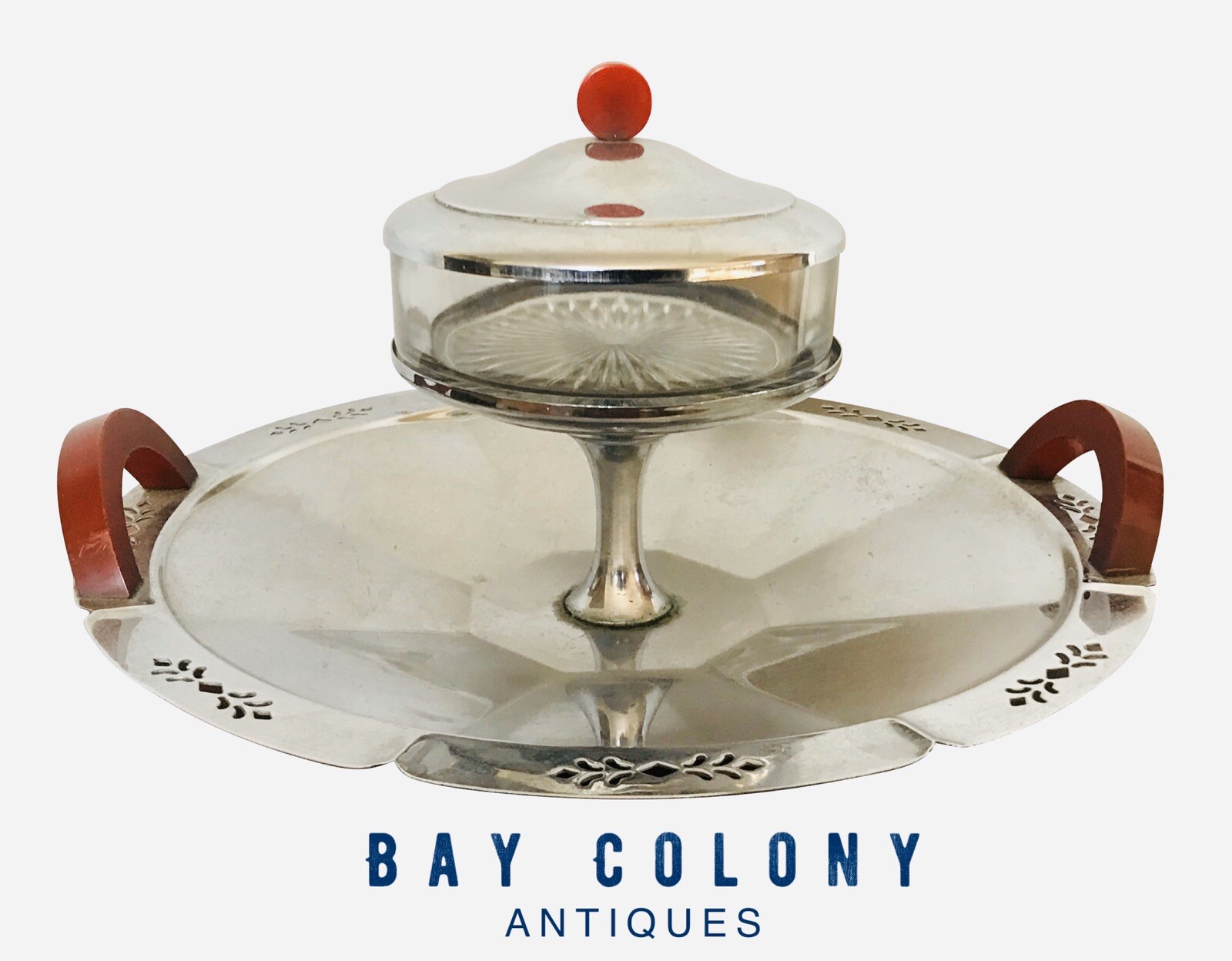 ANTIQUE ART DECO CHROME RETICULATED SERVING DISH WITH RED BAKELITE HANDLES