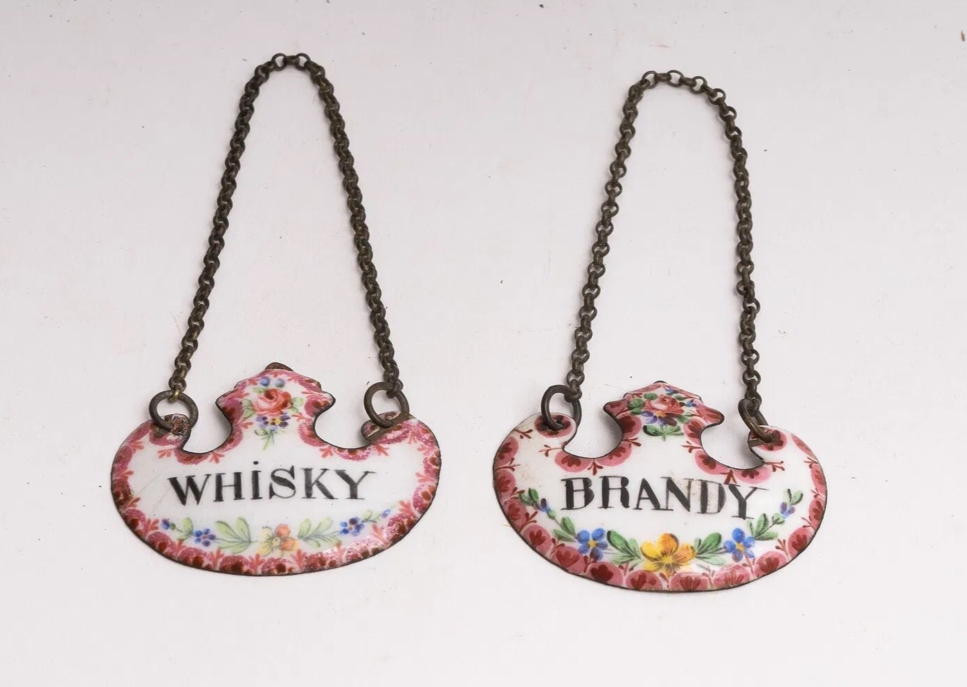 Rare 18th C./Early 19th Century Pair of Bilston Enamel Decanter Labels