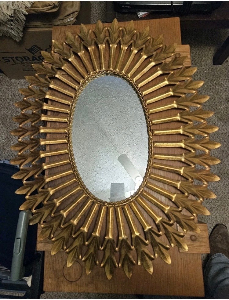 Large Retro Hollywood 1970’s Gold Sunburst Mirror 31″x24″