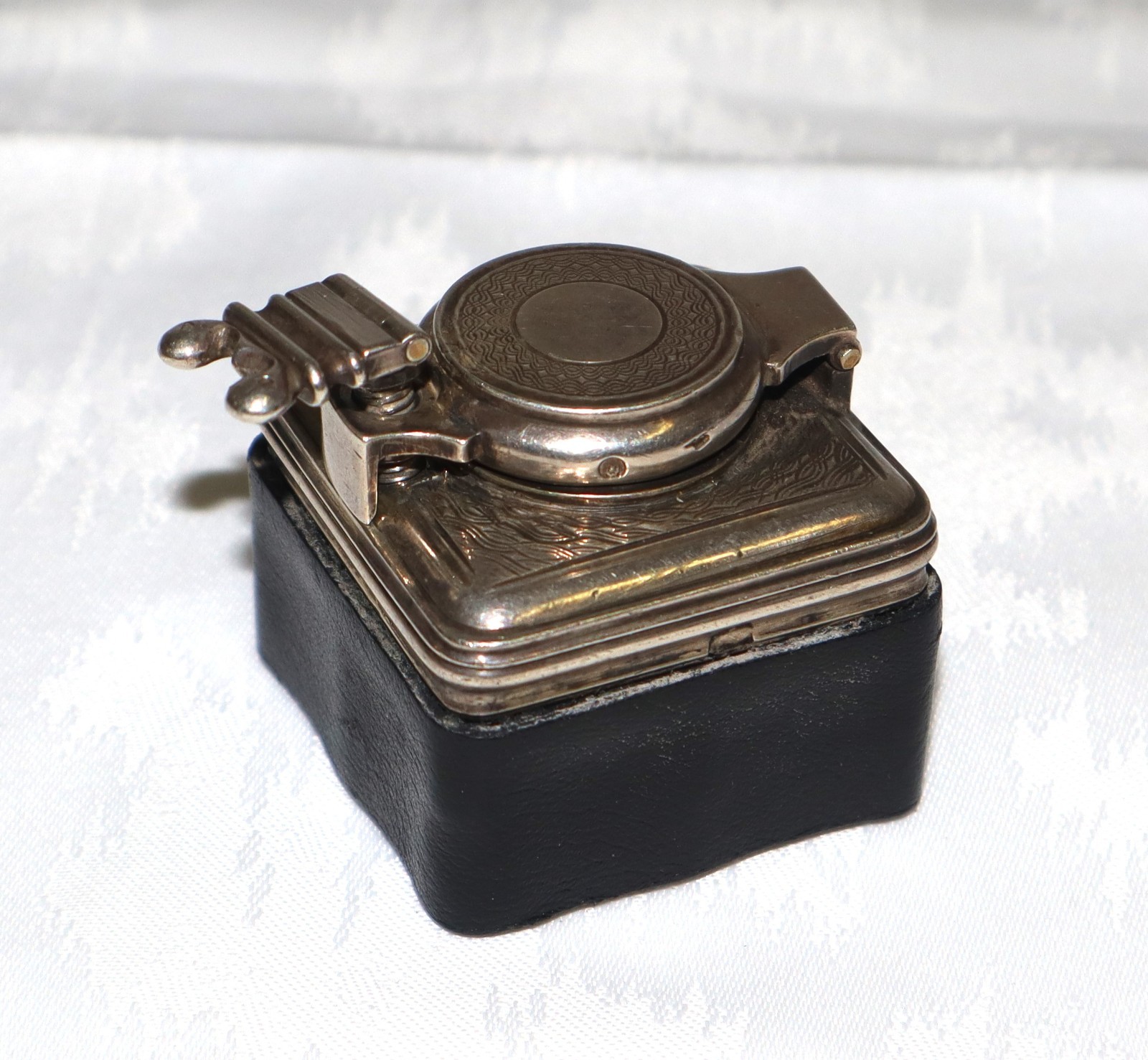 Antique Sterling Silver Mounted Inkwell – Hinged Lid Desk Ink Pot – Leather Base