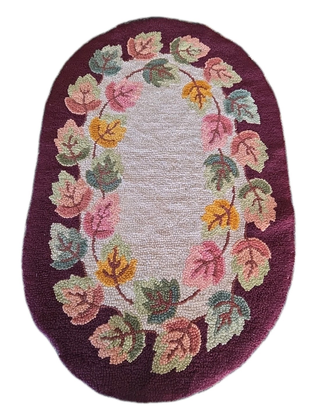 Antique Oval Leaf Early Folk Art Hooked Rug 35″x 22″