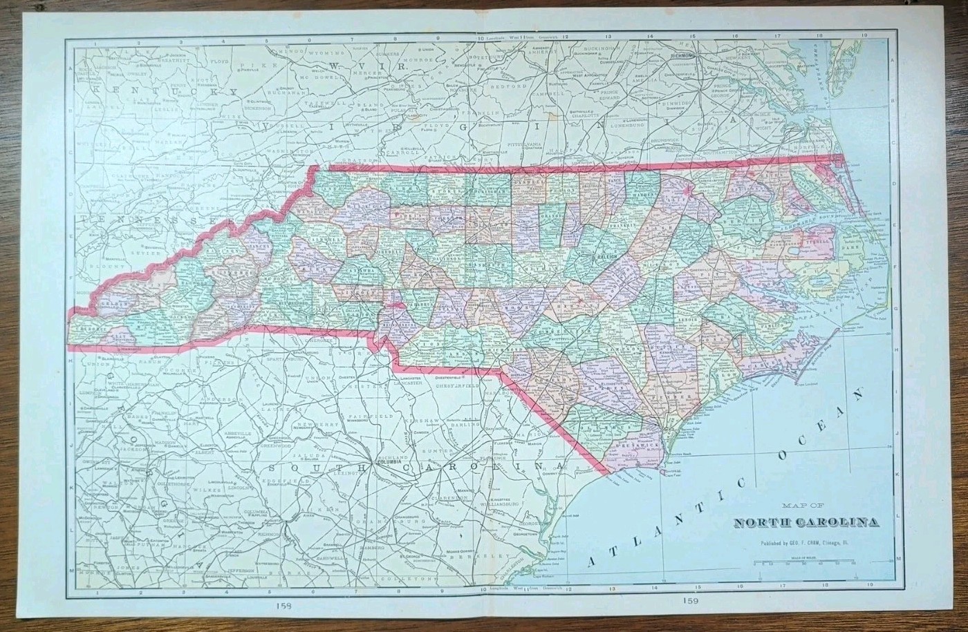 Vintage 1904 NORTH CAROLINA Map 22″x14″ Old Antique Original WILMINGTON RALEIGH