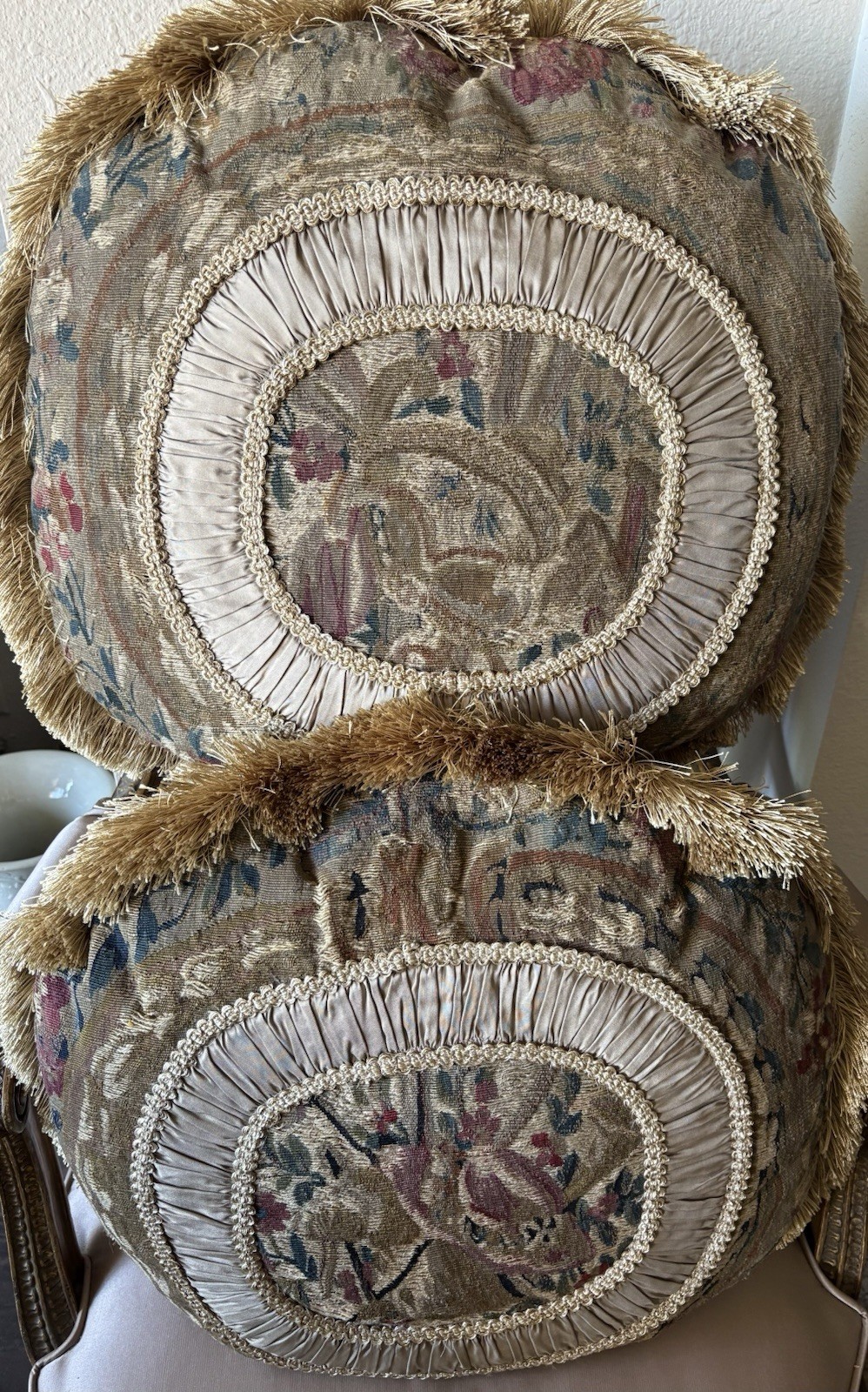 Two Antique Tapestry & Silk Handmade Cushions Oval Shaped 20” x 17”