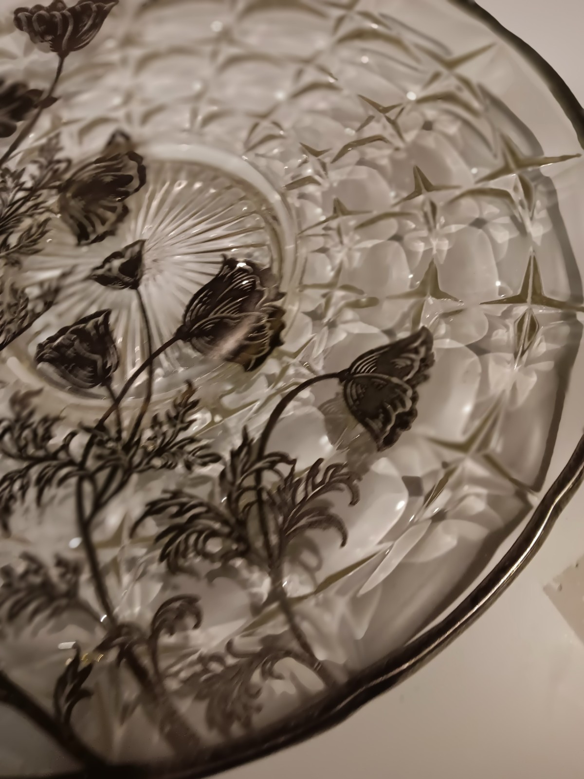 Vintage 1930 Art Deco Silver Overlay Glass Platter. Flowers