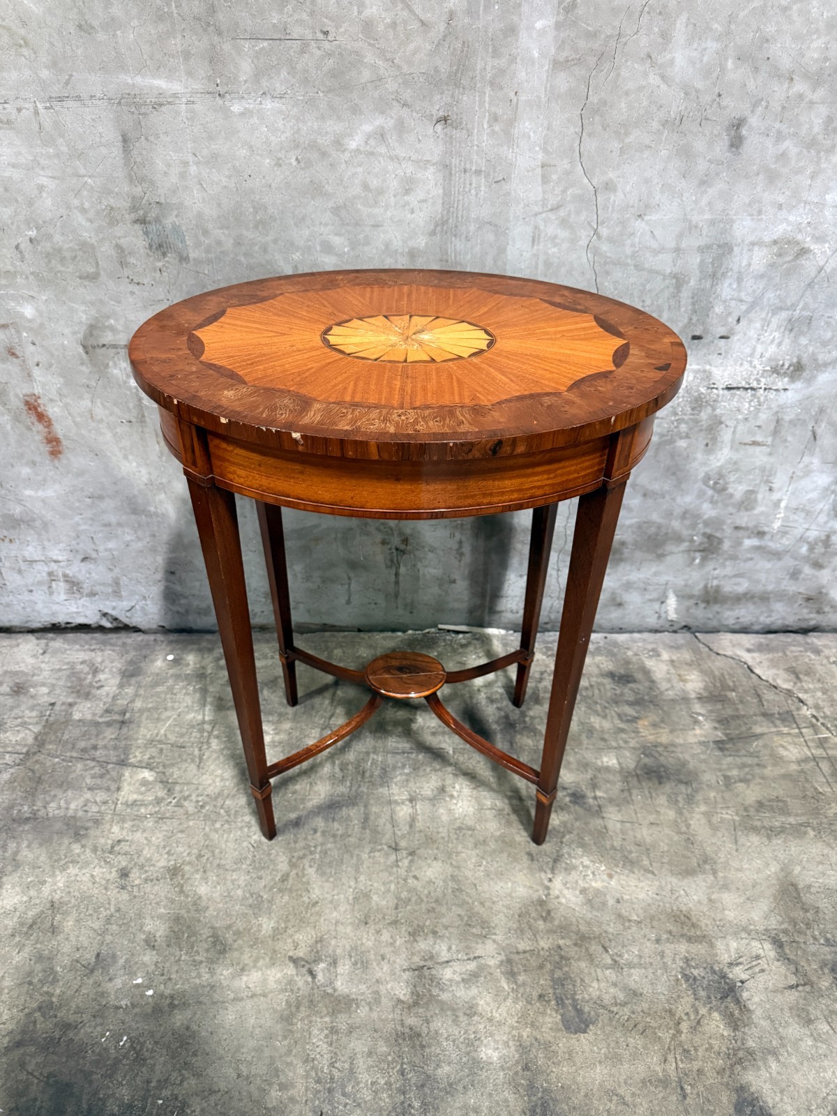 “As Is” Antique Inlaid Oval Occasional Side Table 23×17.5 28.25H Veneer Damage
