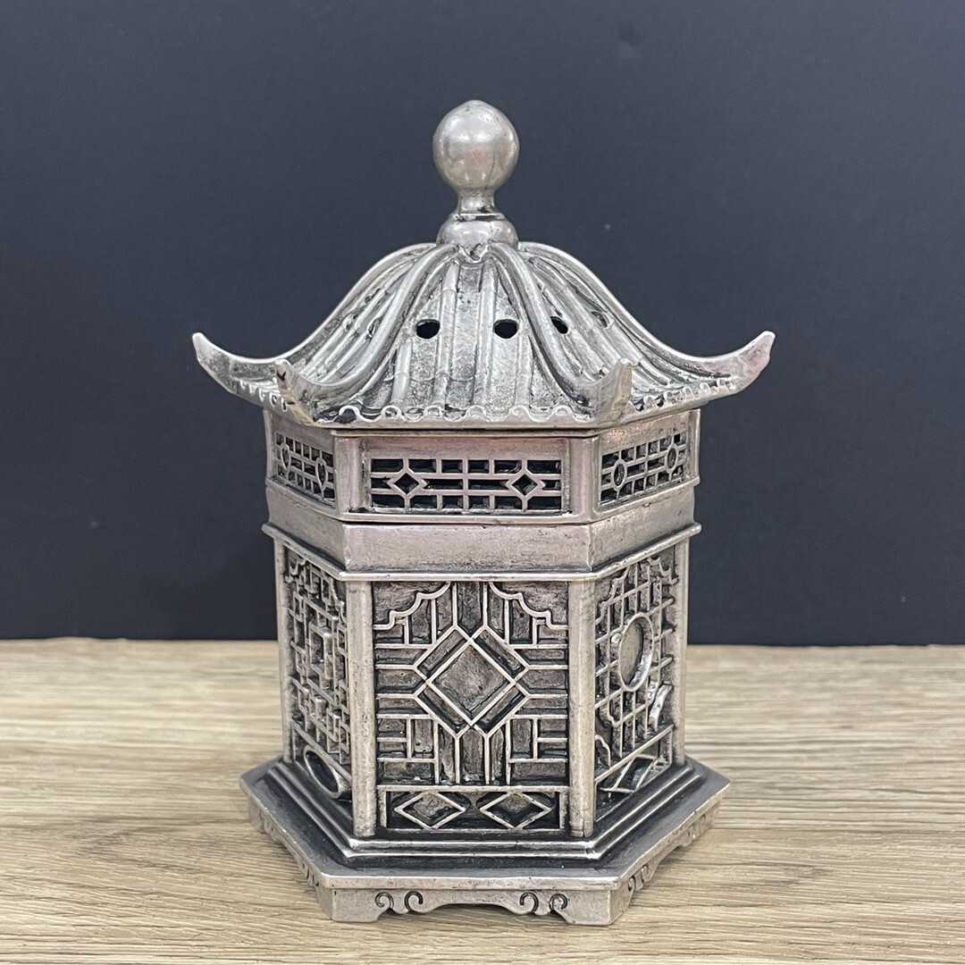 4.92″Old Chinese Copper silvering Hexagonal Pavilion Incense Burners