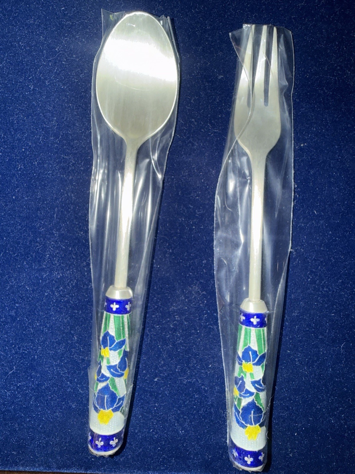 Vintage Korean AG999 / AG700 Silver Cloisonné Enamel Spoon & Fork Set 12 Pieces