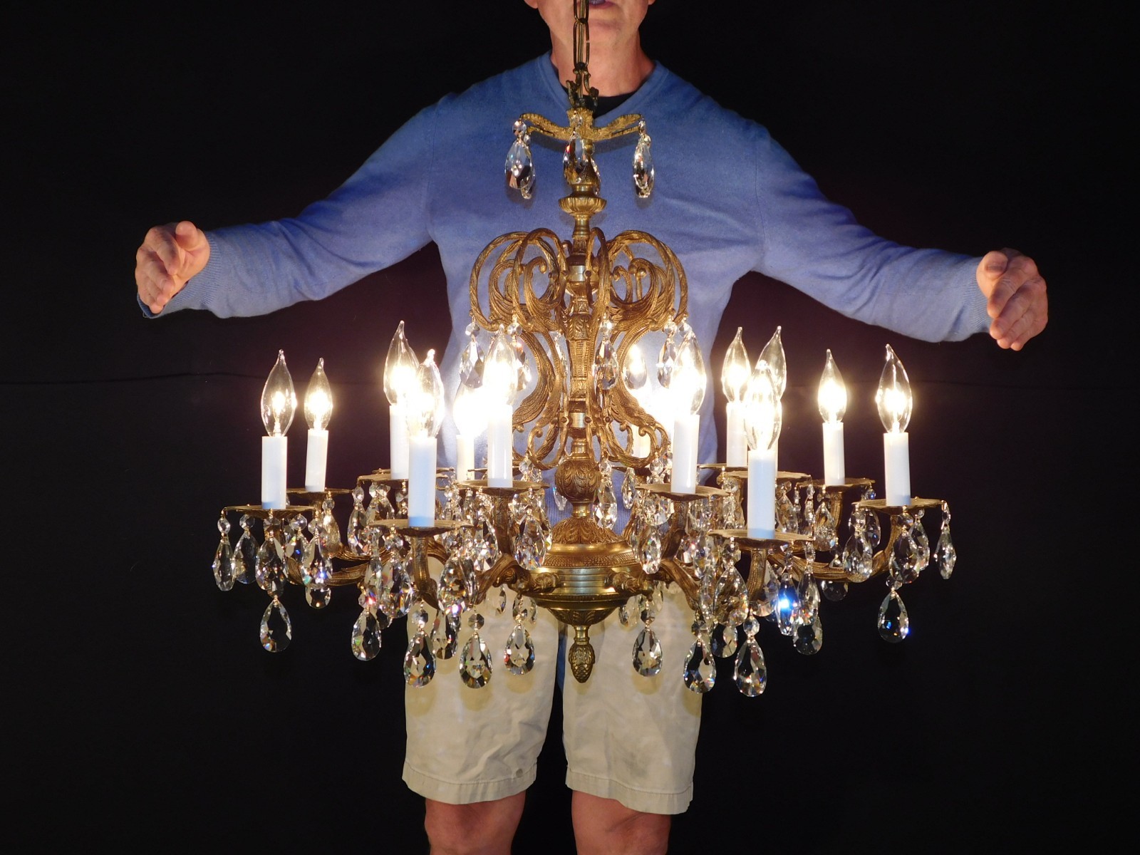 Antique Opulent Brass Cut Lead Crystal Chandeliers 29 wide ~ Pair Available